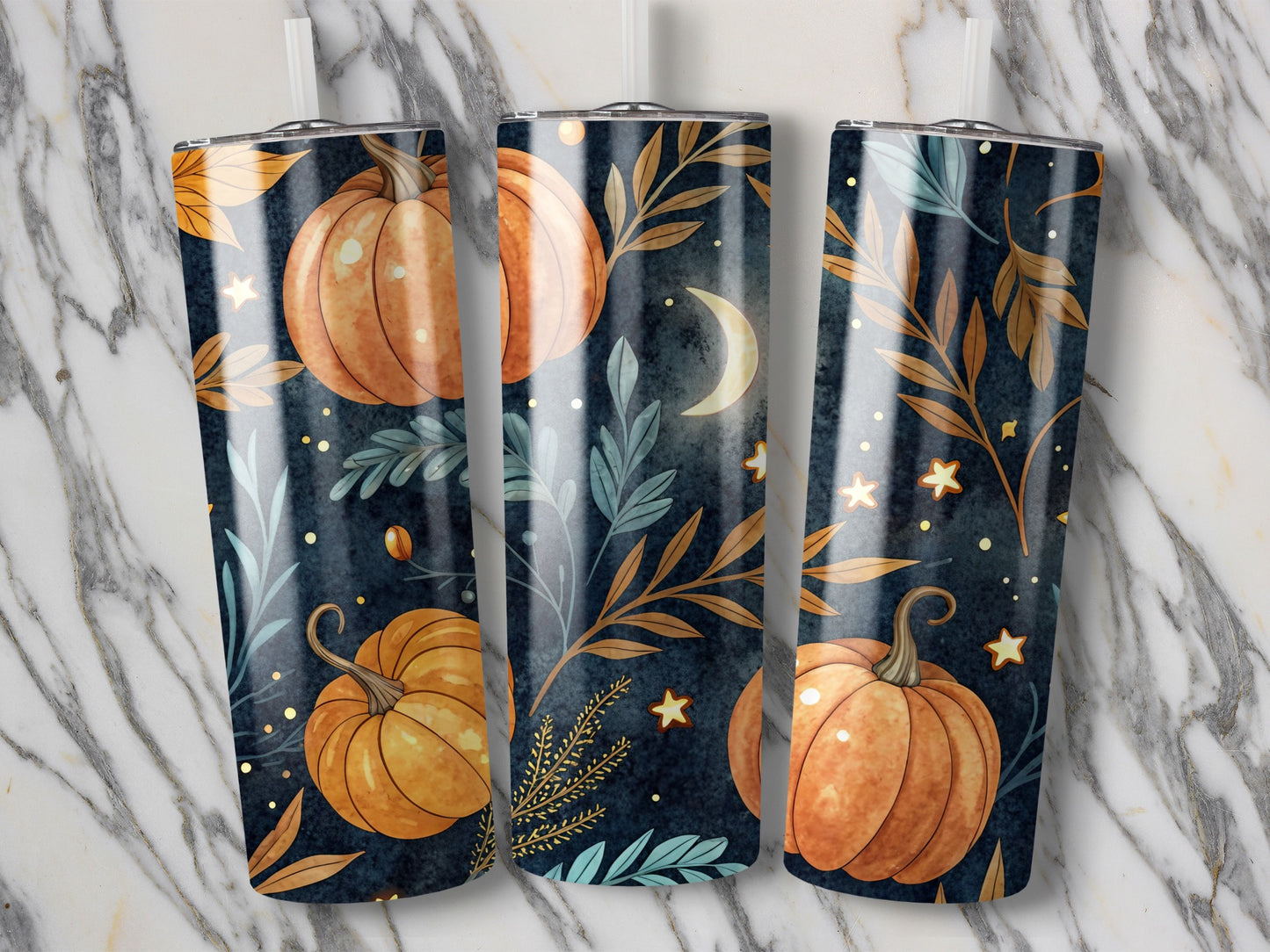 Autumn Pumpkin Kitchen Towels, Celestial Moon Stars Print, Fall Harvest Decor, Set of 3