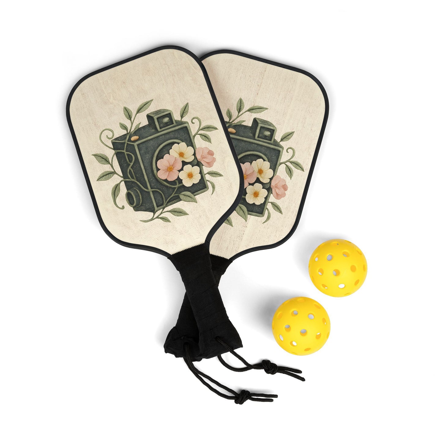 Vintage Floral Pickleball Paddle Set, Wooden Design, Includes Balls, Sports Equipment for Outdoor Play