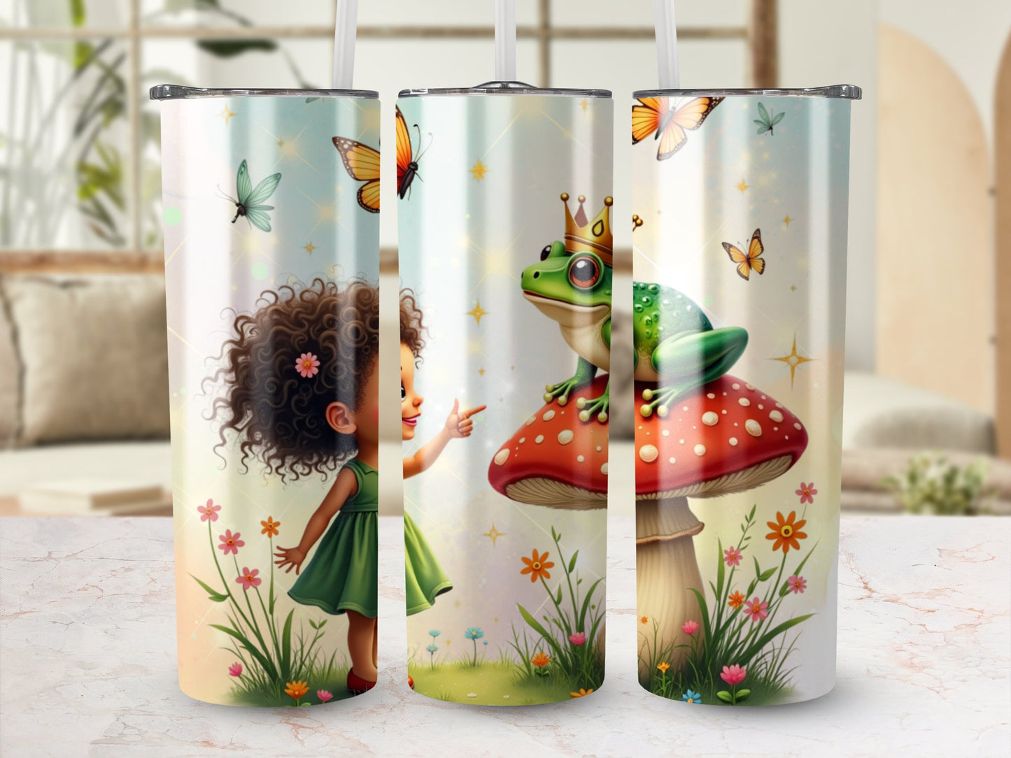 Fairy Tale Water Bottles, Kids Insulated Drinkware, Frog Mushroom Fantasy Tumblers with Butterflies and Flowers