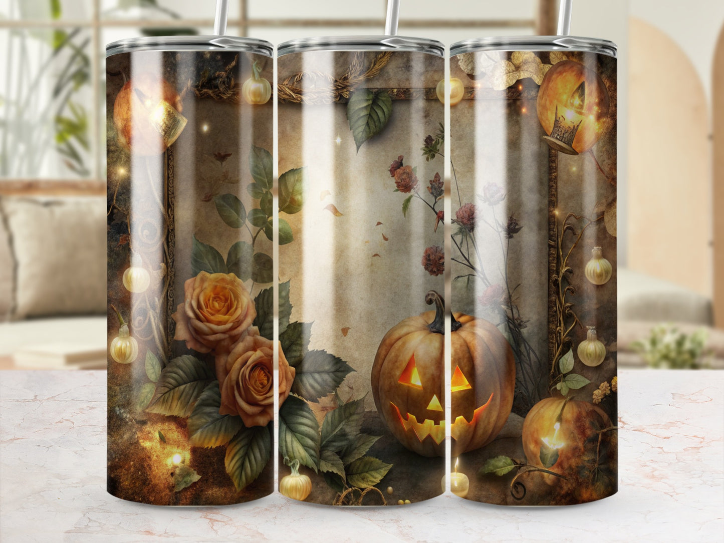 Autumn Pumpkin and Floral Tumbler, Halloween Themed Insulated Drinking Cup, Fall Leaves and Vintage Lantern Design, 20 oz Stainless Steel