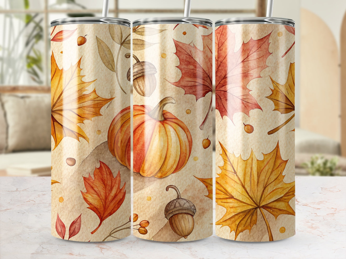 Autumn Leaves and Pumpkins Tumbler Set, Fall Seasonal Drinkware, Insulated Stainless Steel Cups