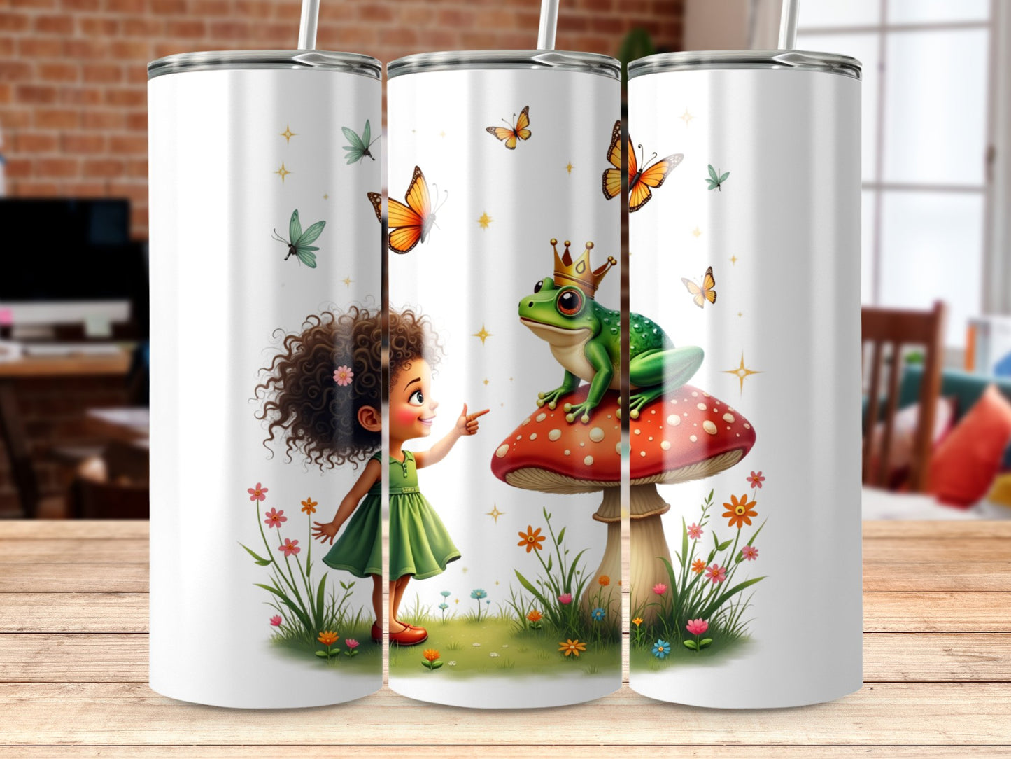 Kids Water Bottle, Cute Frog and Girl Illustration, Stainless Steel, Leakproof, Ideal for School and Travel, Colorful Butterflies Design