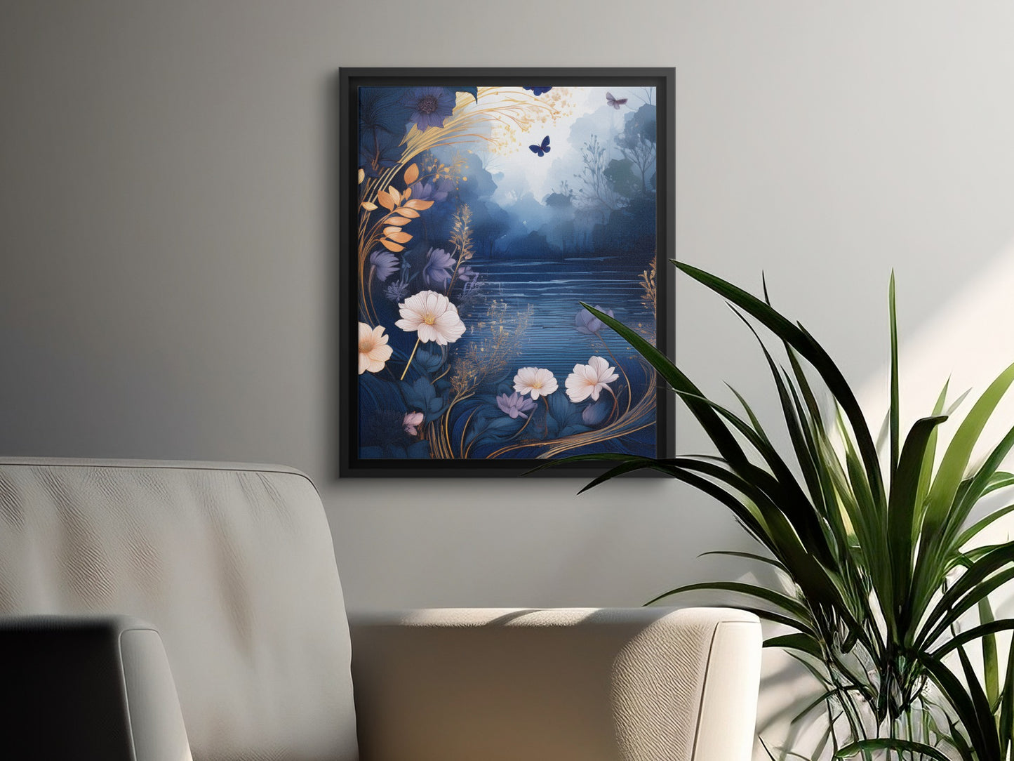 Floral Landscape Art Print, Nature Wall Decor, Botanical Home Interior, Scenic Water Pond Design, Modern Artwork for Living Room Decor