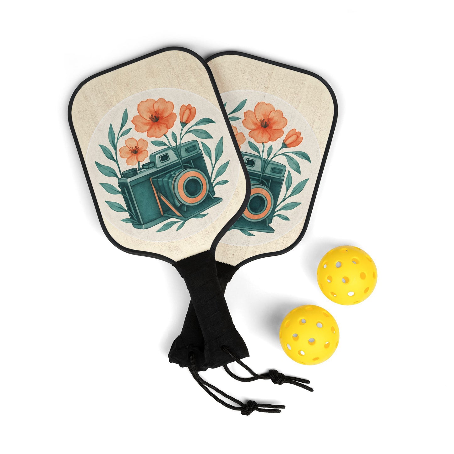 Vintage Camera Floral Design Pickleball Paddle Set, Retro Style Sports Equipment, Unique Outdoor Game Gear