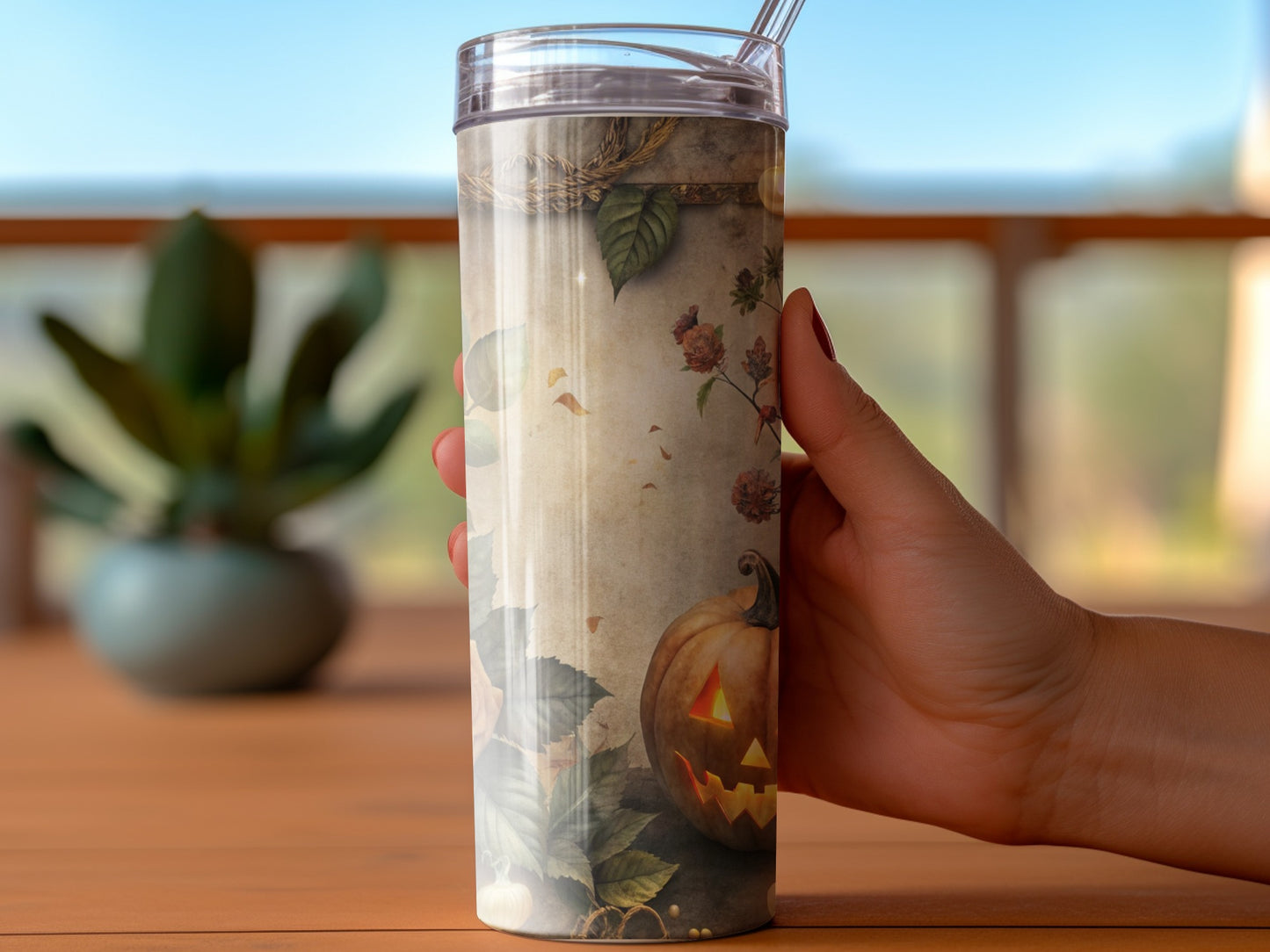 Autumn Theme Insulated Tumbler with Straw, Fall Leaves and Pumpkin Design, Seasonal Drinkware, Gift Idea