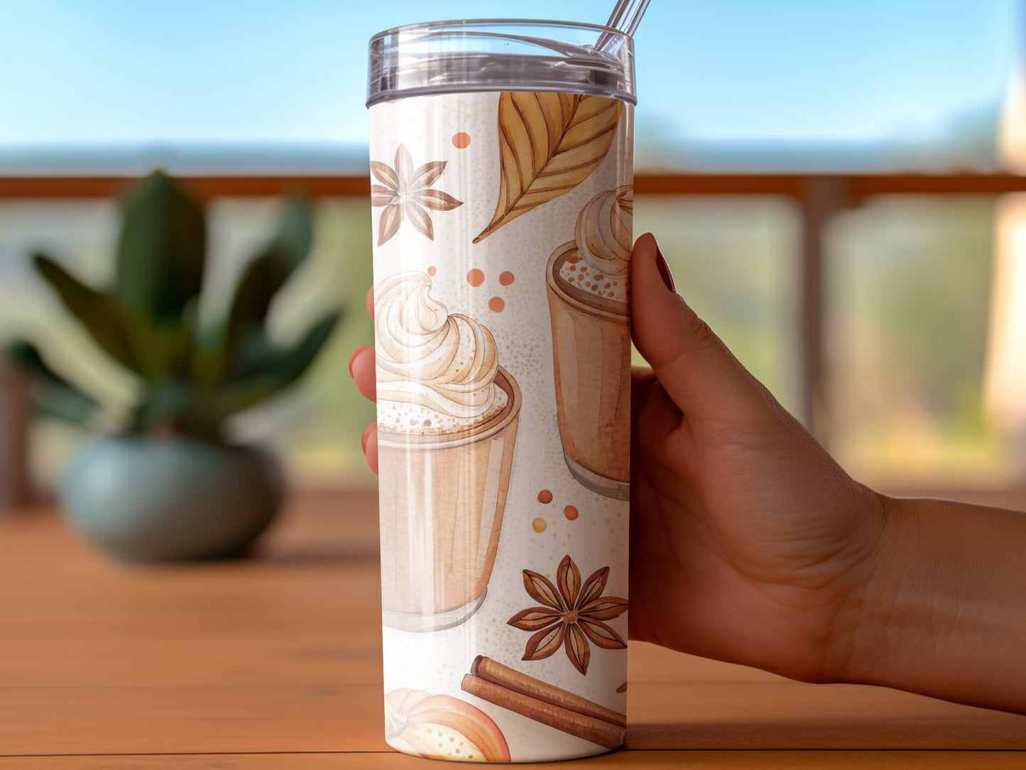 Autumn Themed Insulated Tumbler, Fall Leaves and Coffee Design, Stainless Steel Travel Mug with Straw