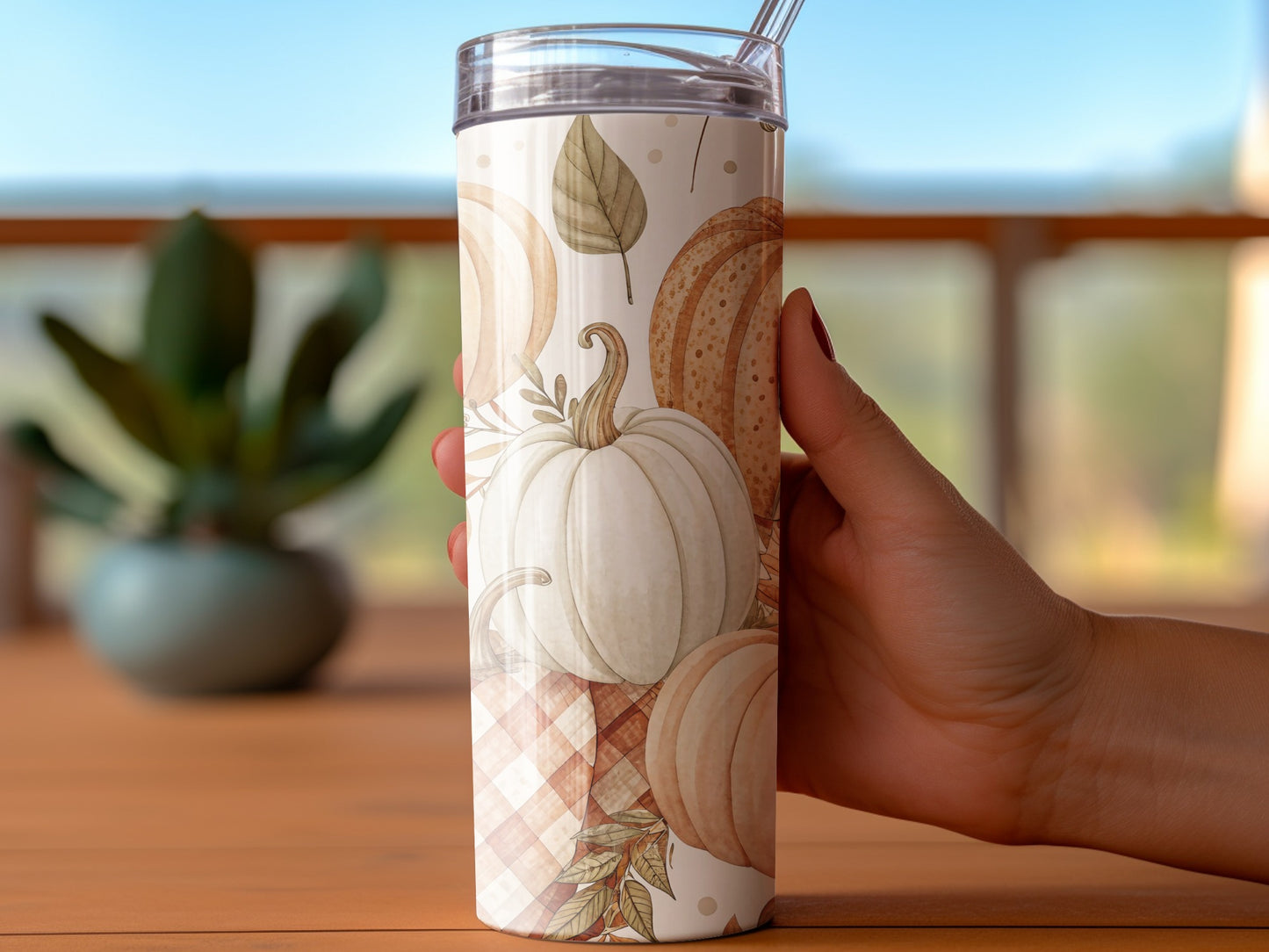 Autumn Pumpkin Tumbler, Fall Leaves Insulated Cup, White Pumpkin Travel Mug, Eco-Friendly Drinkware with Lid and Straw