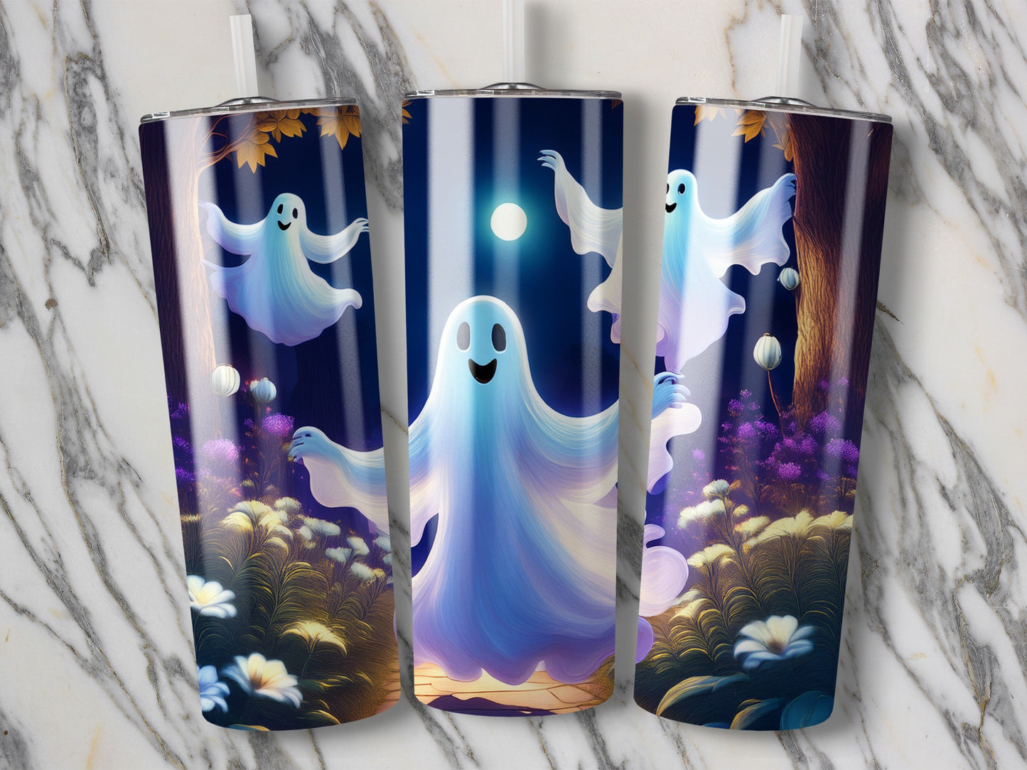 Halloween Ghost Tumbler, Spooky Spirit Insulated Cup, Mystical Night Design, Fall Leaves Stainless Steel Drinkware