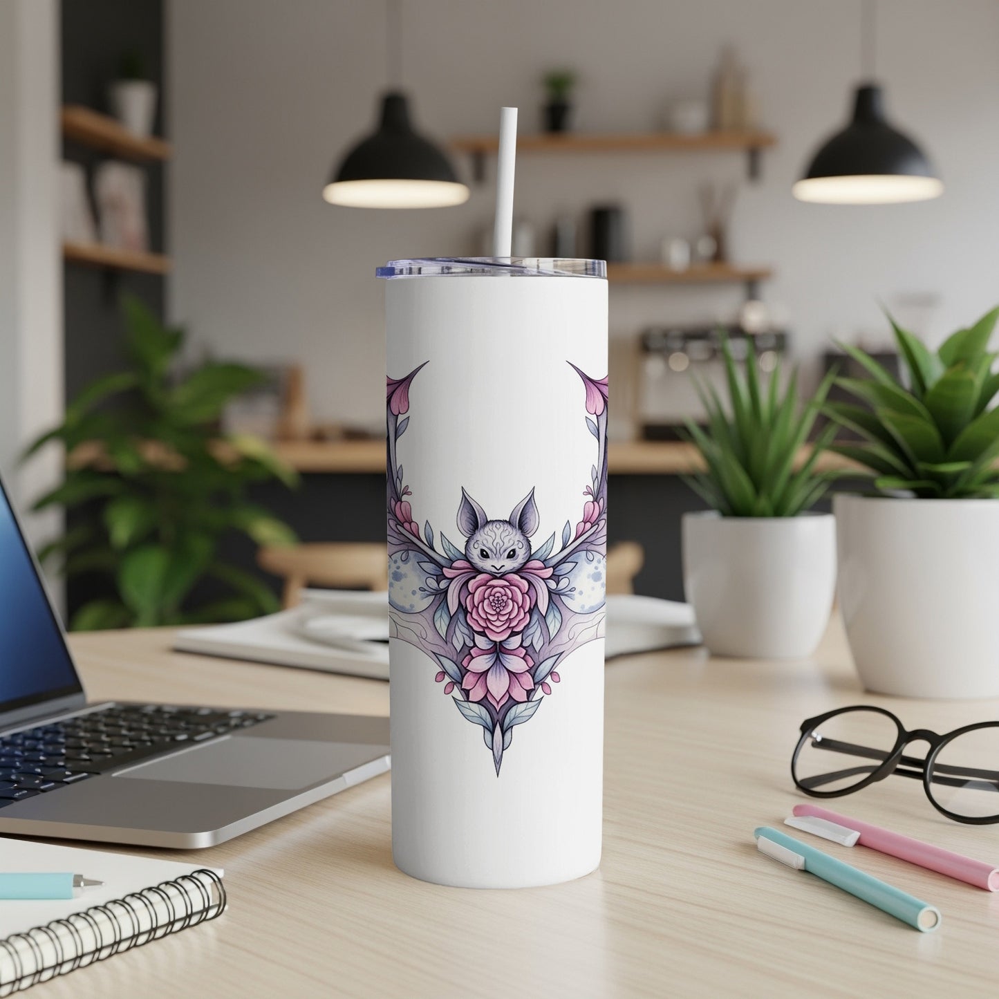 White Insulated Tumbler with Bat and Floral Design, Stainless Steel Travel Mug, Gothic Drinkware