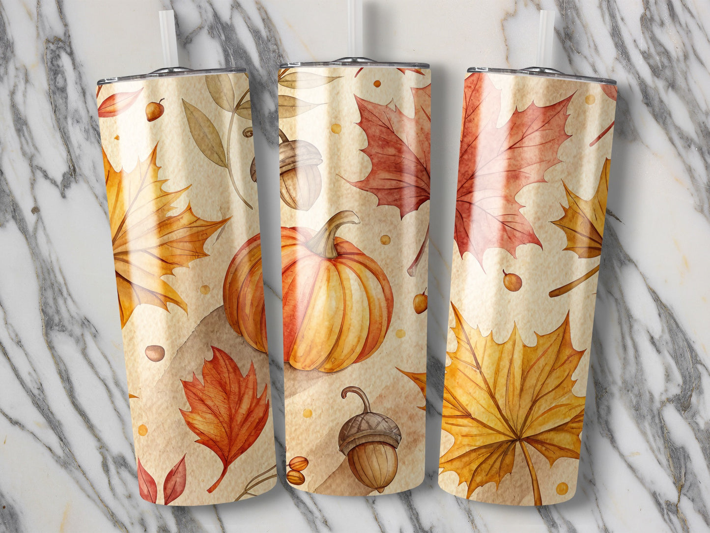 Autumn Tumbler Cups, Fall Leaves and Pumpkins Design, Insulated Travel Mugs, Seasonal Thanksgiving Drinkware Set