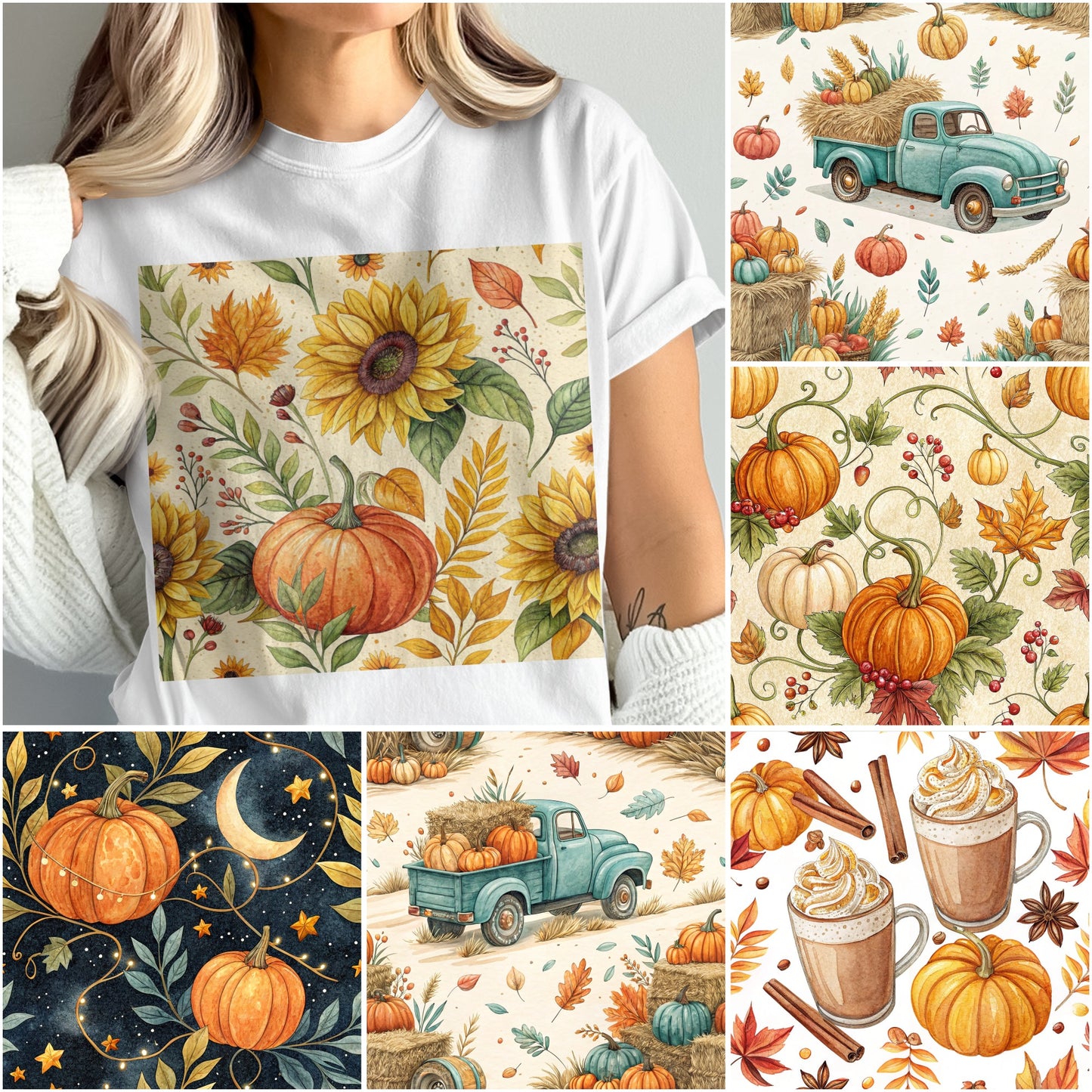 Autumn Harvest T-Shirt, Vintage Truck and Pumpkin Print, Fall Floral Pattern, Cozy Season Tee