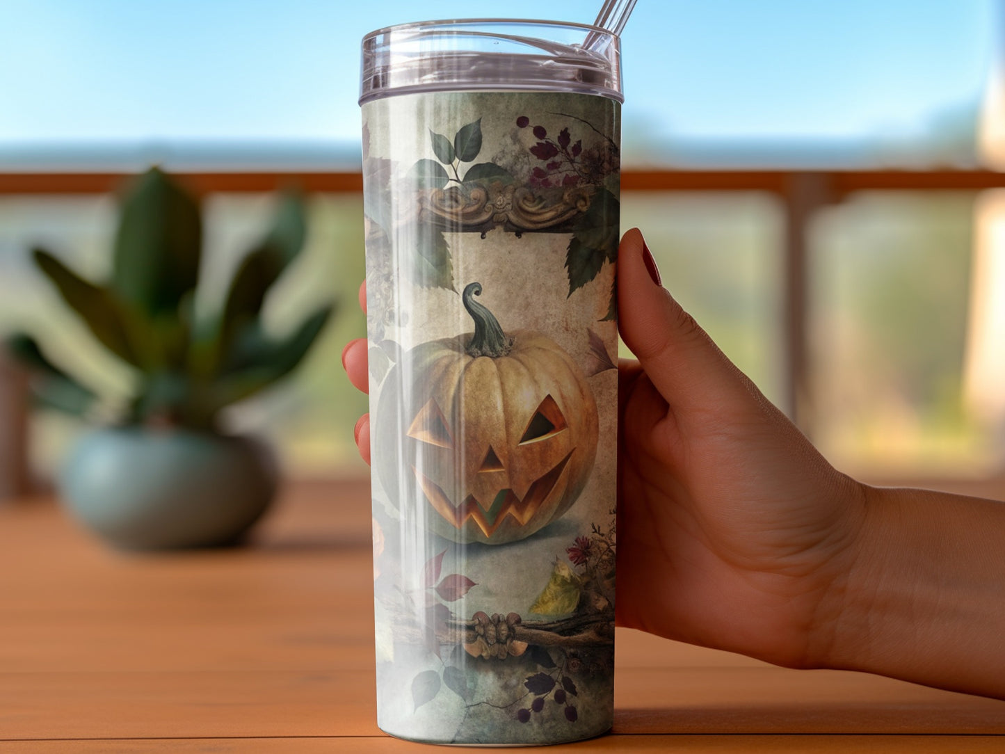 Fall Pumpkin Tumbler, Halloween Decorative Insulated Cup, Floral Autumn Drinkware, Spooky Season Gift Idea