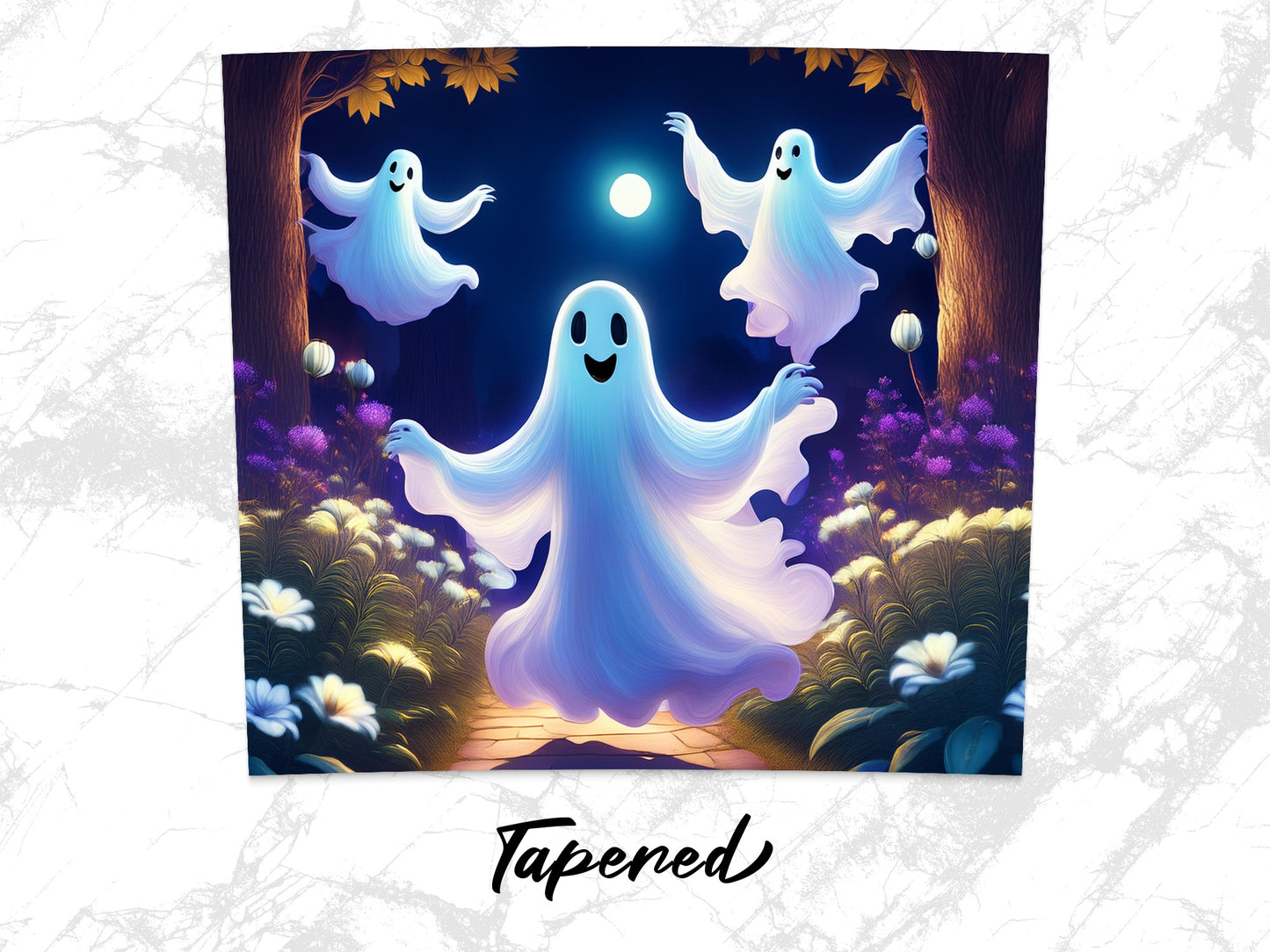 Spooky Halloween Ghosts Art Print, Haunted Forest Illustration, Full Moon Night, Festive Wall Decor, Colorful Ghost Design, Autumn Leaves