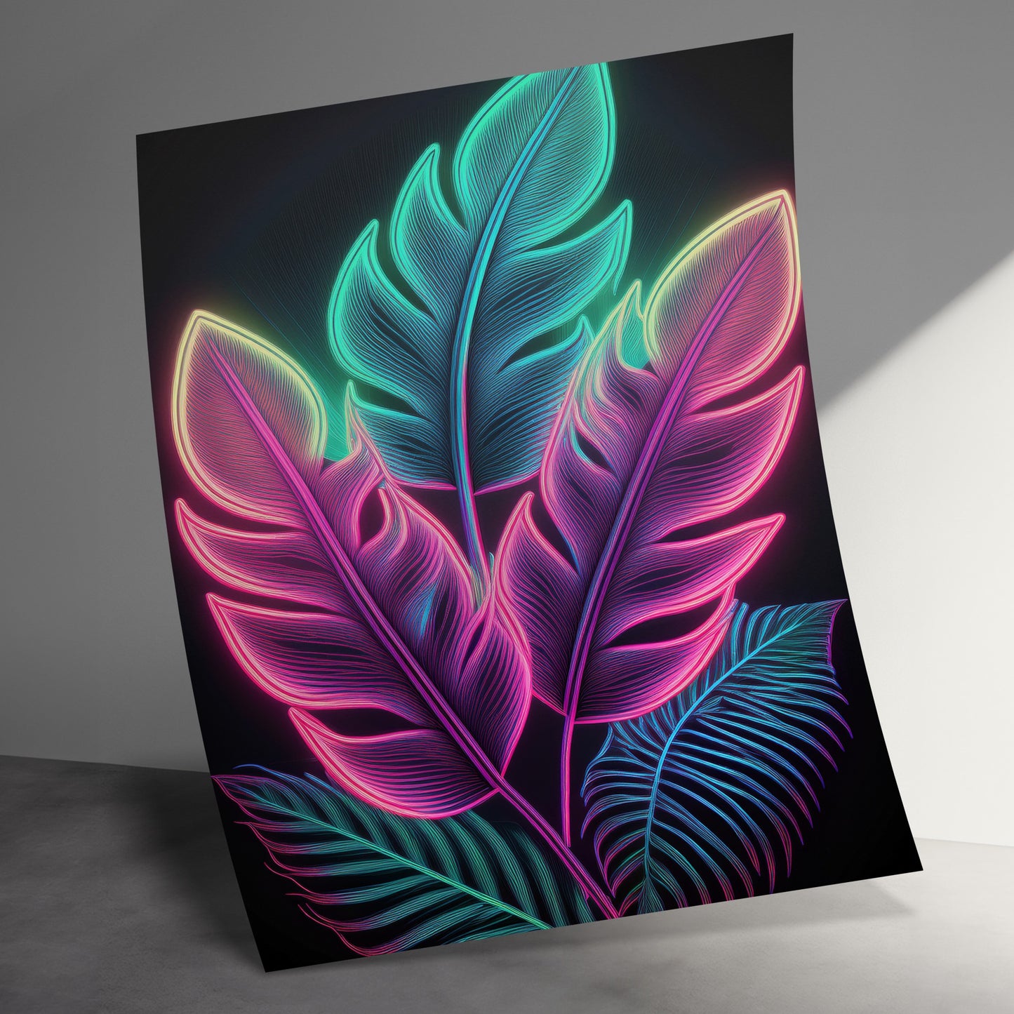 Neon Leaf Wall Art, Vibrant Feather Design Poster, Colorful Home Decor, Modern Abstract Print