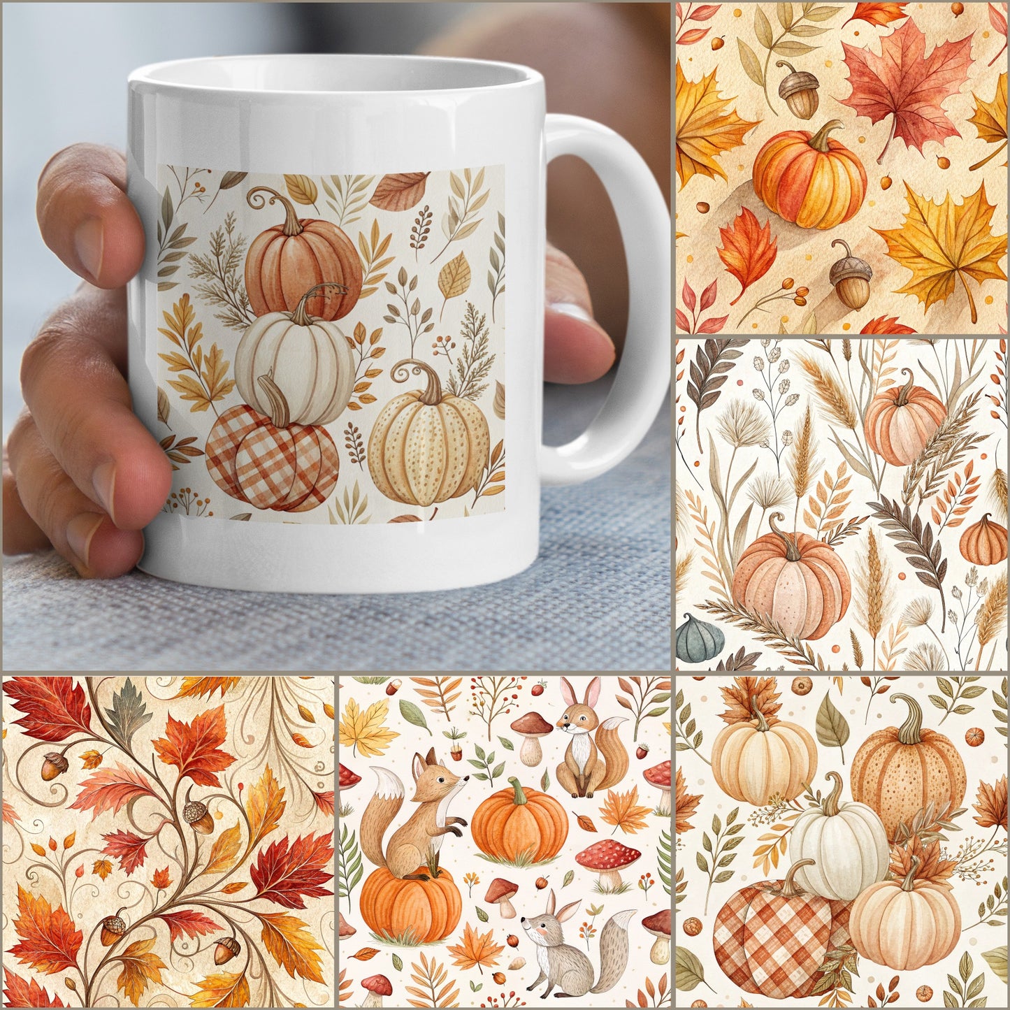 Autumn Pumpkin Coffee Mug, Fall Leaves and Acorn Pattern, Ceramic Thanksgiving Cup