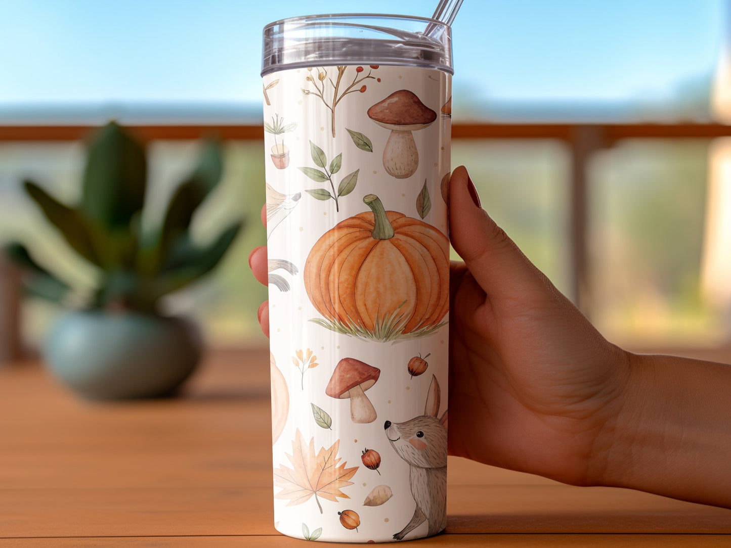 Autumn Themed Tumbler, Fall Leaves Pumpkin Design, Insulated Travel Cup, Gift Idea
