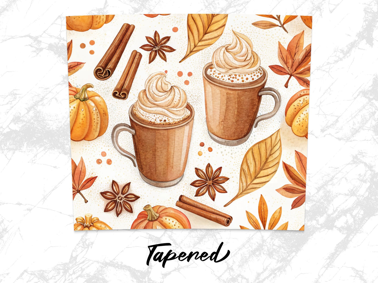 Autumn Pumpkin Spice Latte Mug Pattern, Cinnamon Fall Leaves Coffee Cup Design, Seasonal Beverage Illustration