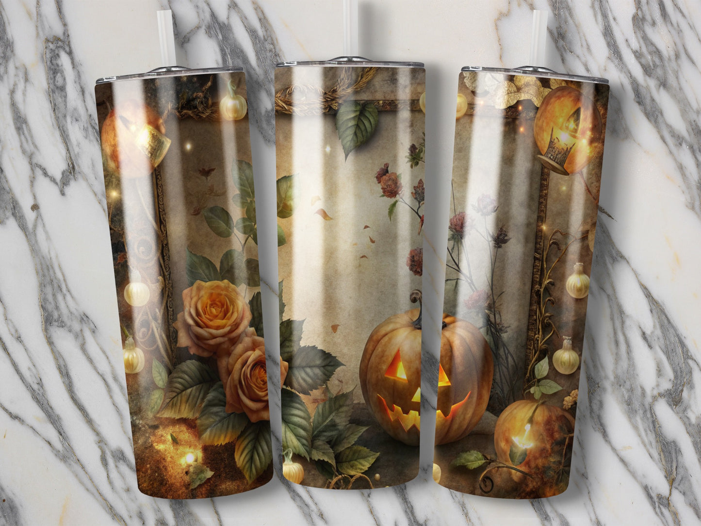 Autumn Magic Hanging Lights, Pumpkin and Roses Print, Fall Home Decor, Unique Seasonal Lighting