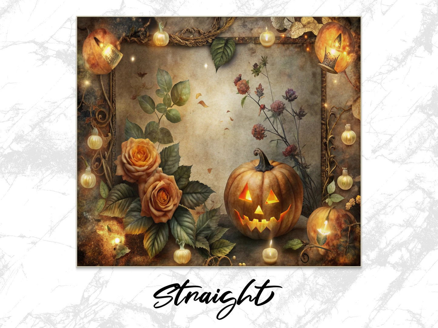 Autumn Pumpkin and Roses Print, Halloween Fairy Lights Wall Art, Fall Home Decor