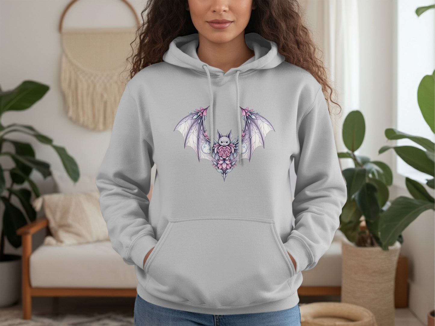Gothic Bat Design Hoodie, Women's Light Grey Pullover, Trendy Casual Comfortable Sweatshirt, Unique Fantasy Apparel
