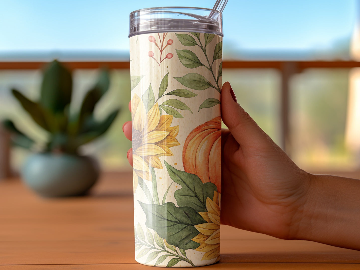 Autumn Floral Tumbler, Insulated Travel Mug with Pumpkin and Sunflower Design, Fall Season Drinkware