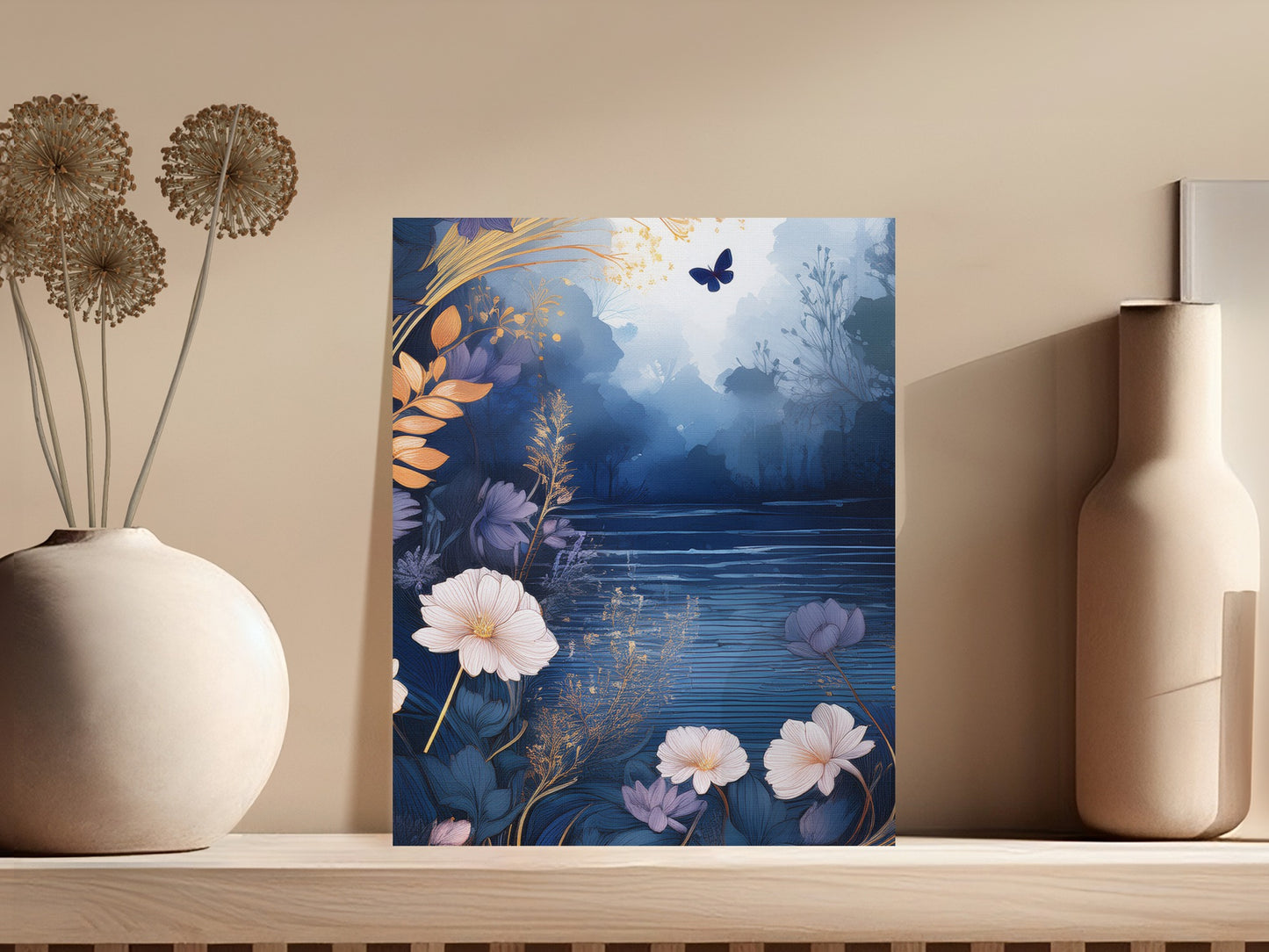 Mystical Forest Canvas Print, Blue Floral Artwork, Botanical Wall Decor, Nature-Inspired Home Decoration, Tranquil Landscape Poster