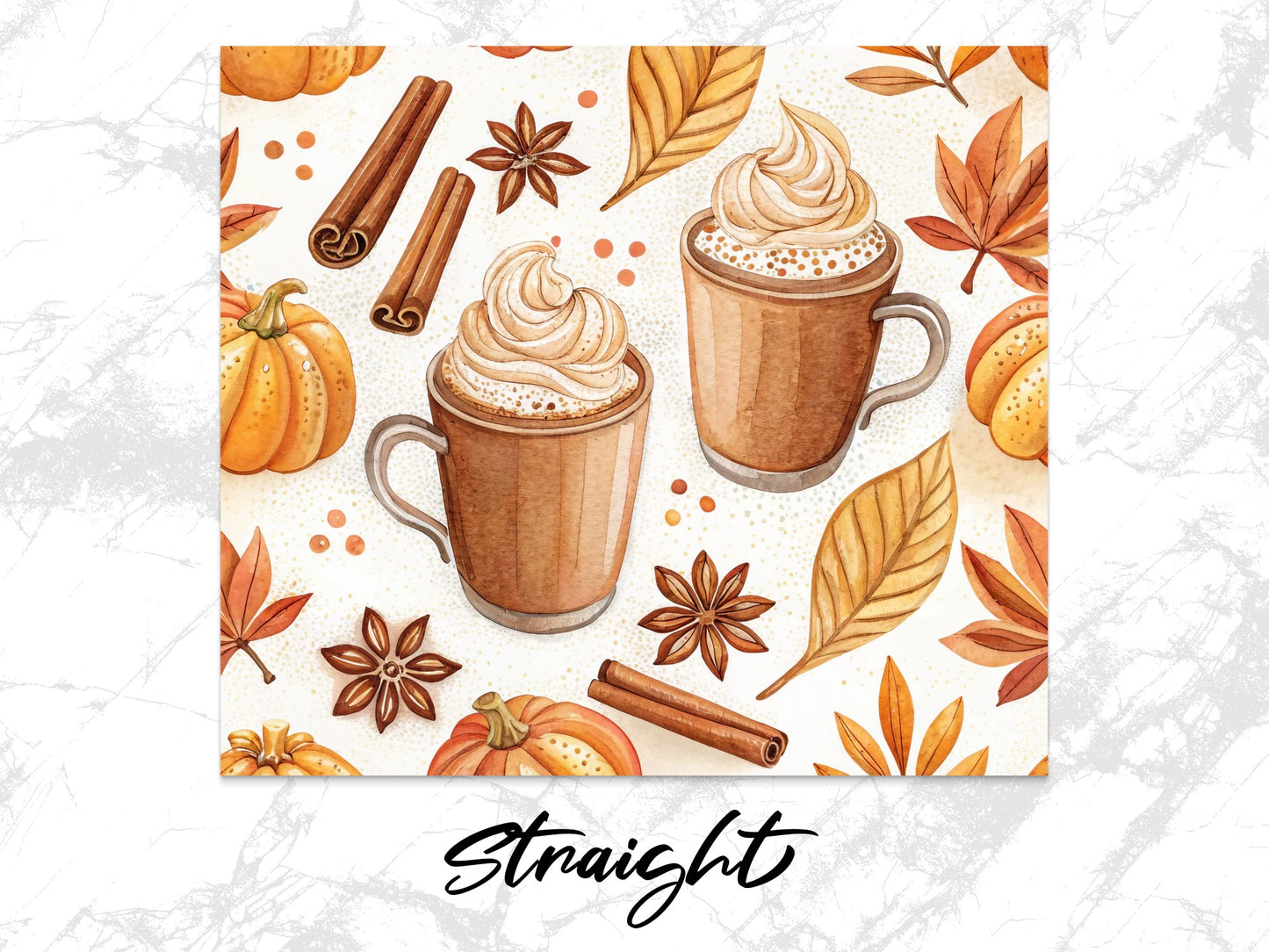 Autumn Pumpkin Spice Latte Pattern Wall Art, Fall Coffee Decor, Seasonal Kitchen Print, Cinnamon and Leaves Illustration