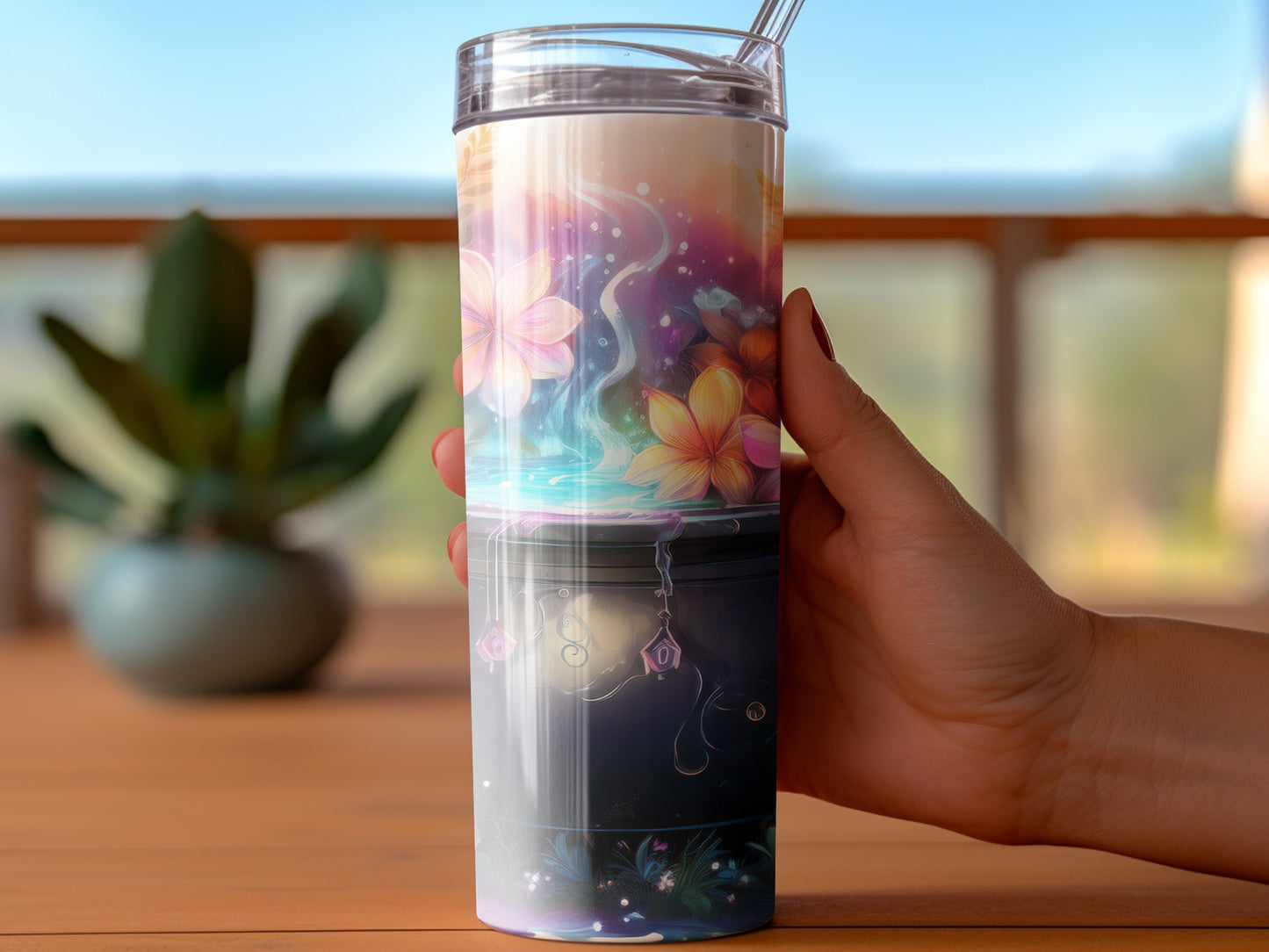 Colorful Fantasy Art Insulated Tumbler, Magical Flowers and Lights Travel Mug, Unique Drinkware for Hot and Cold Beverages