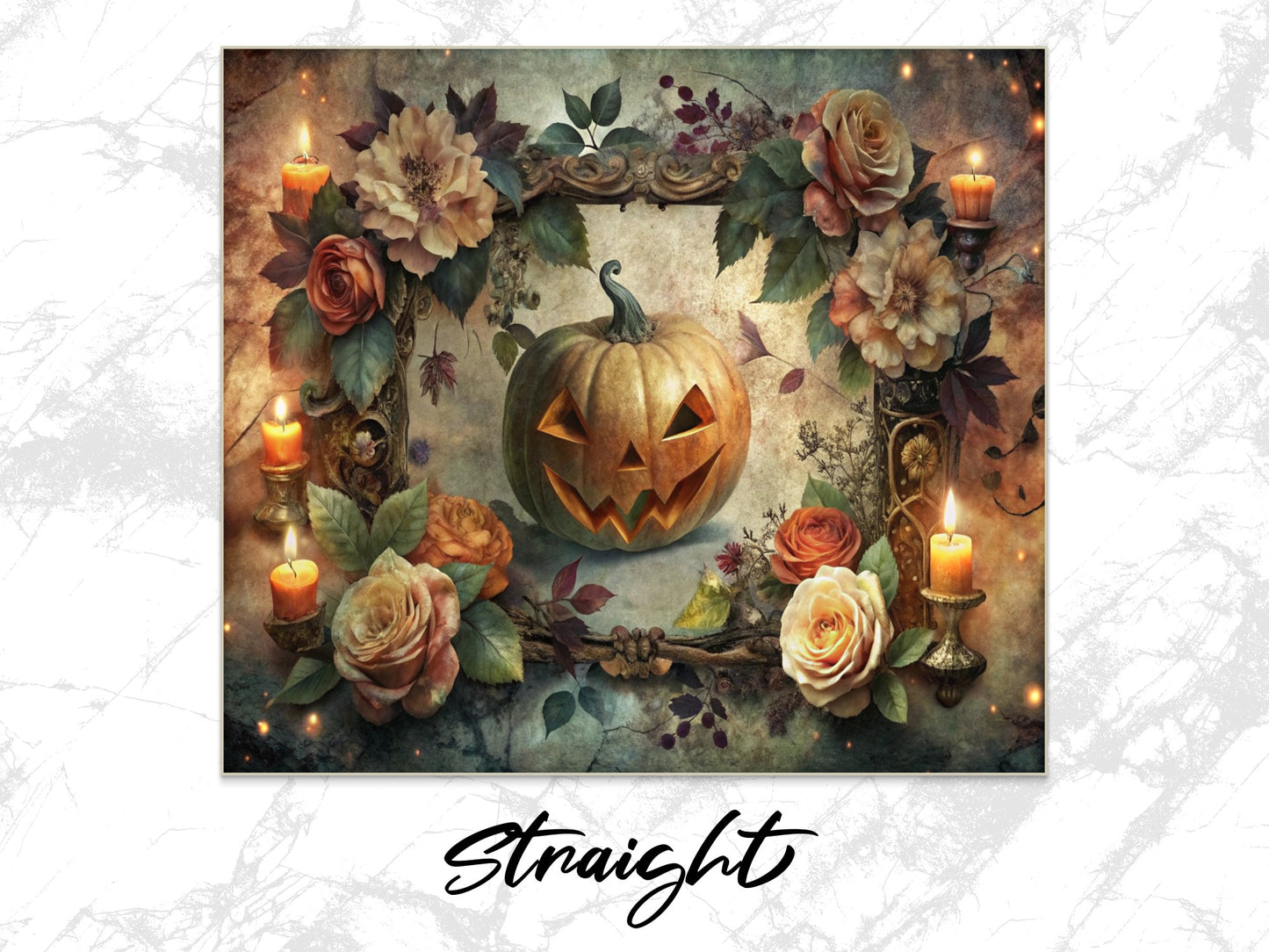 Autumn Pumpkin Floral Wreath Halloween Wall Art, Vintage Style Decor, Fall Season Roses and Candles Print