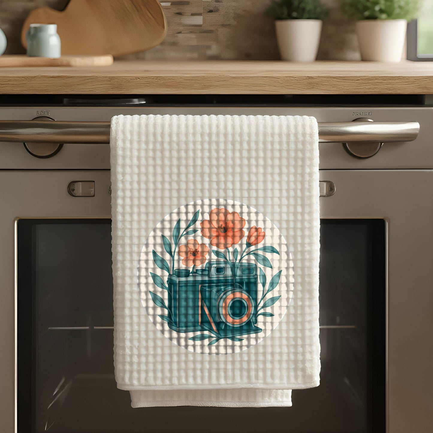 Floral Camera Design Kitchen Towel, Vintage Camera Cotton Dish Towel, Decorative Absorbent Tea Towel for Home Decor
