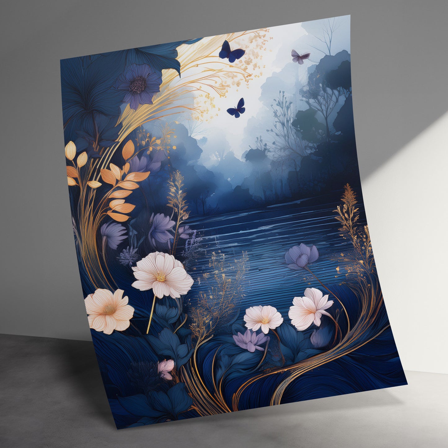 Floral and Butterfly Art Print, Blue Nature Wall Decor, Watercolor Flowers Poster, Modern Home Decoration, Abstract Scenery Artwork