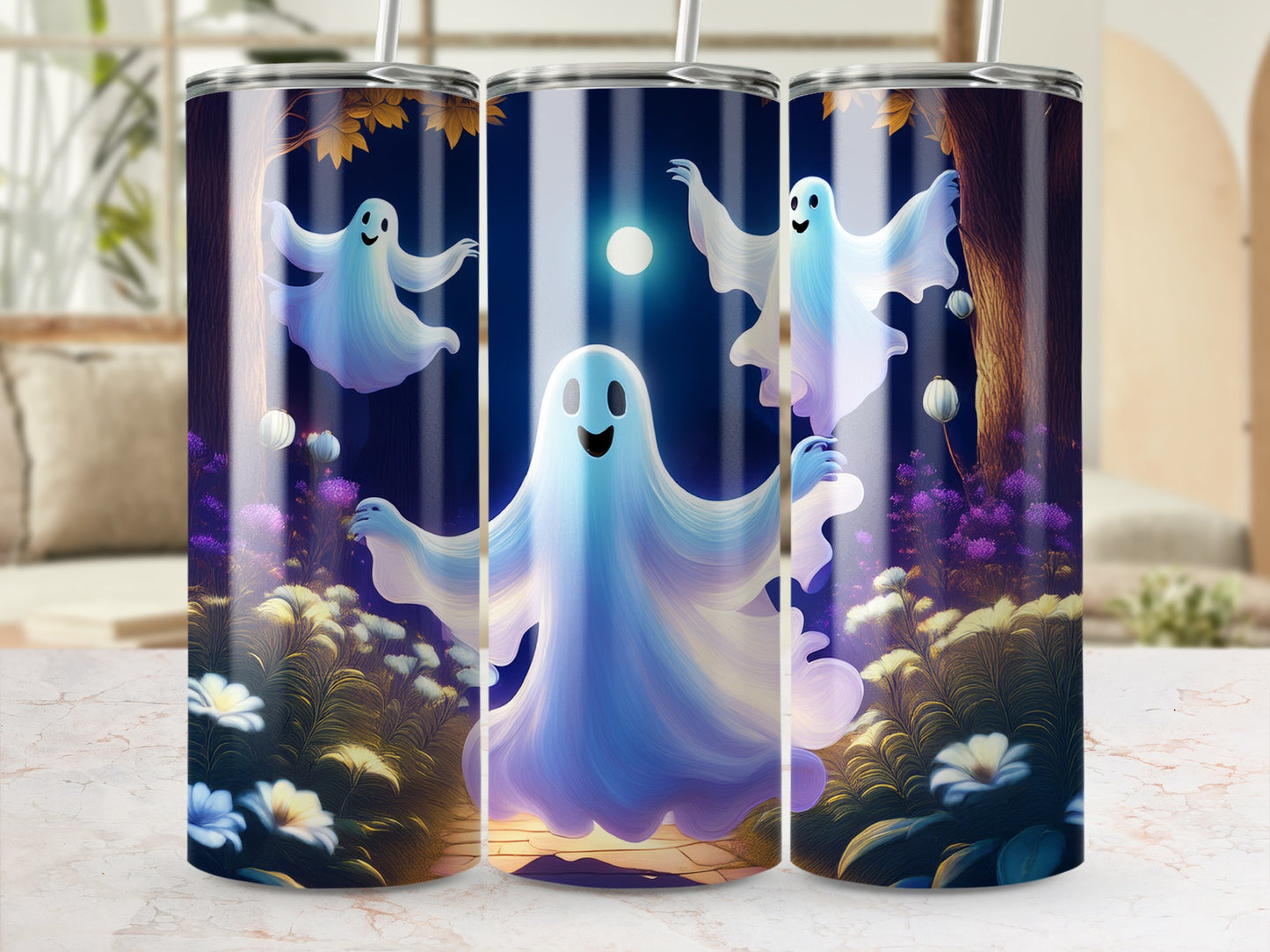 Halloween Ghost Tumblers, Spooky Night Scene, Stainless Steel Insulated Cups, Party Decor Drinkware, Set of Three