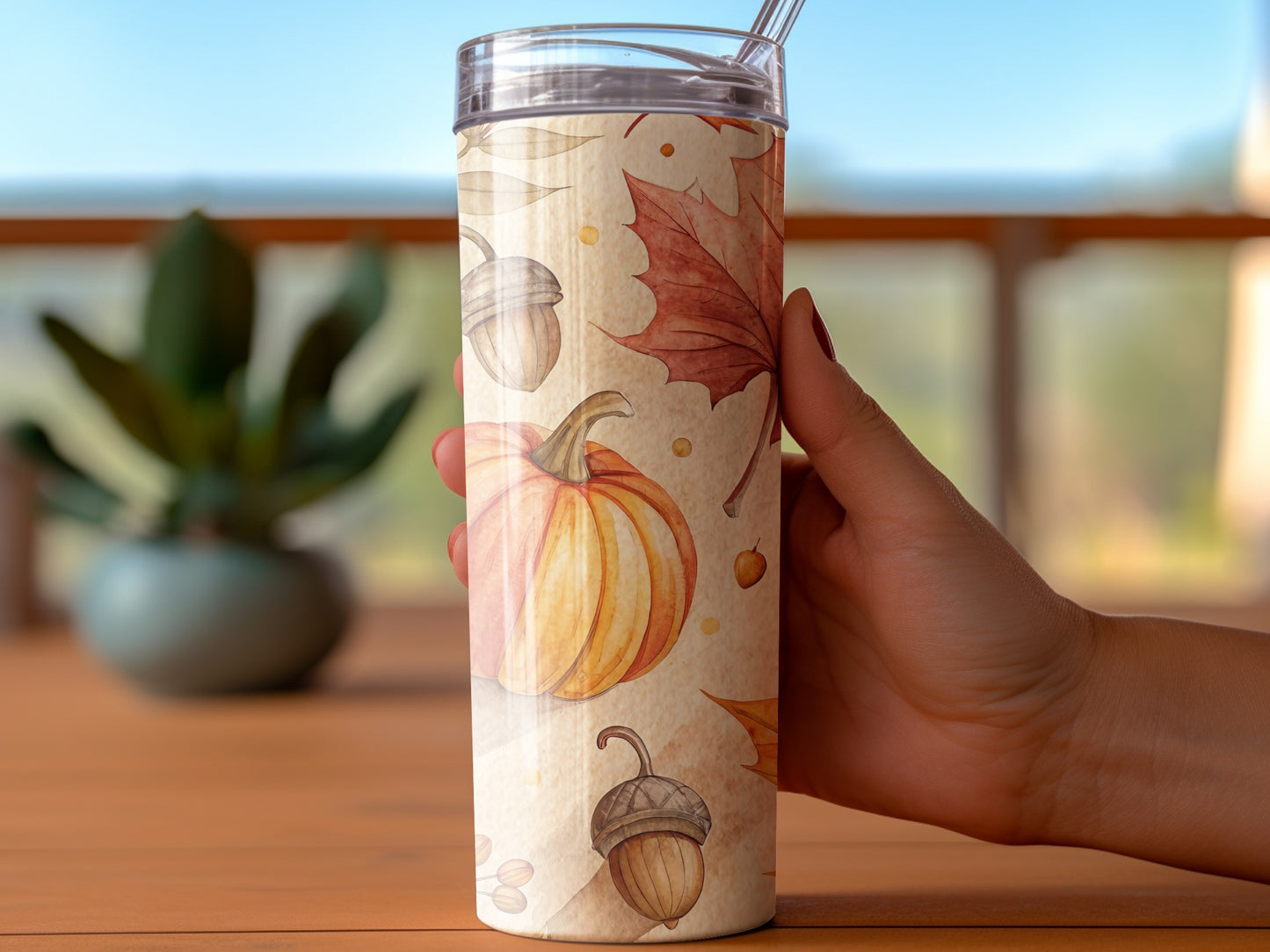Fall Themed Insulated Tumbler, Autumn Leaves and Pumpkins Design, Travel Cup with Lid and Straw, 20 oz