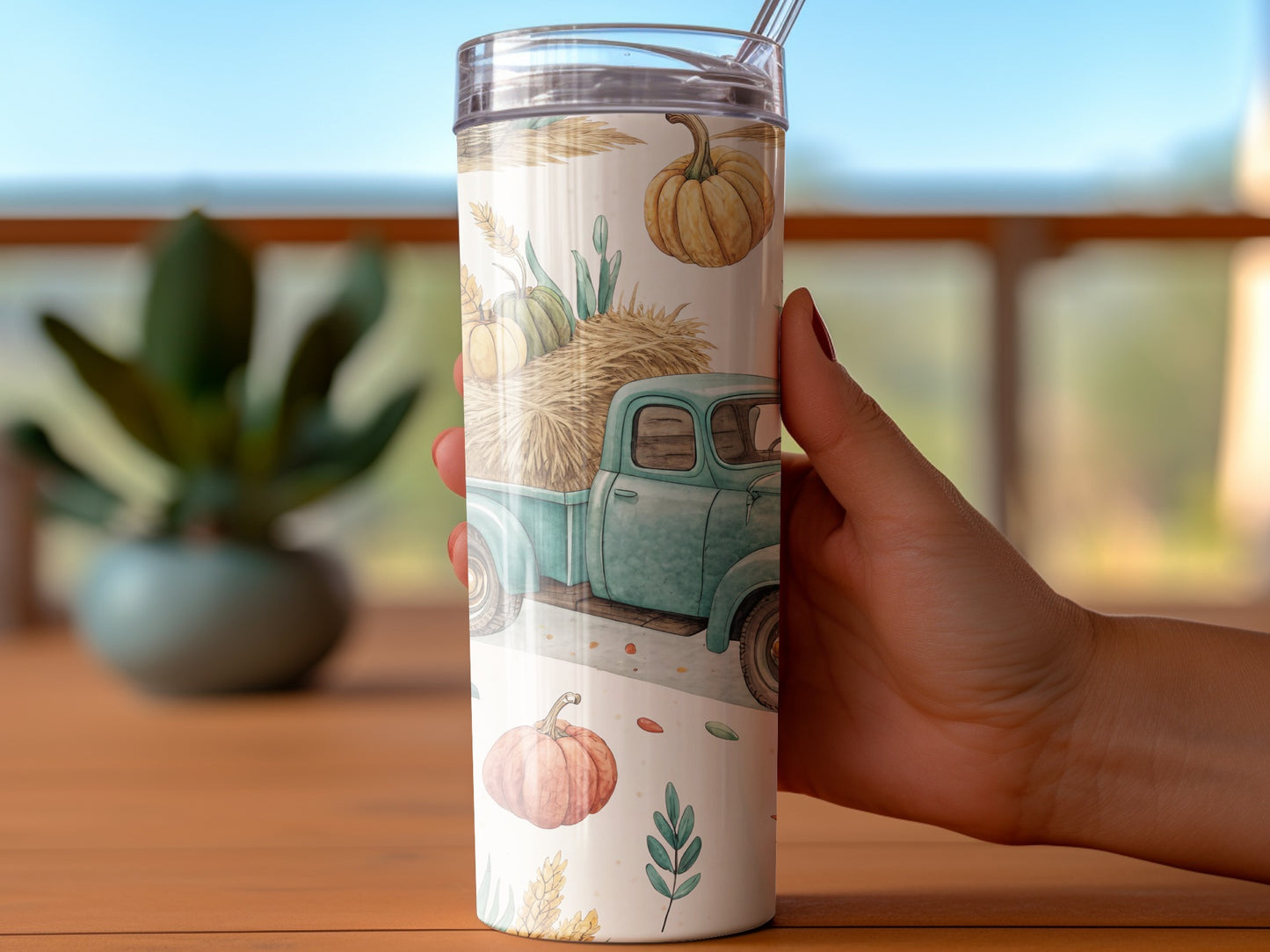 Autumn Harvest Theme Tumbler, Rustic Pumpkin and Truck Design, Insulated Travel Mug with Straw