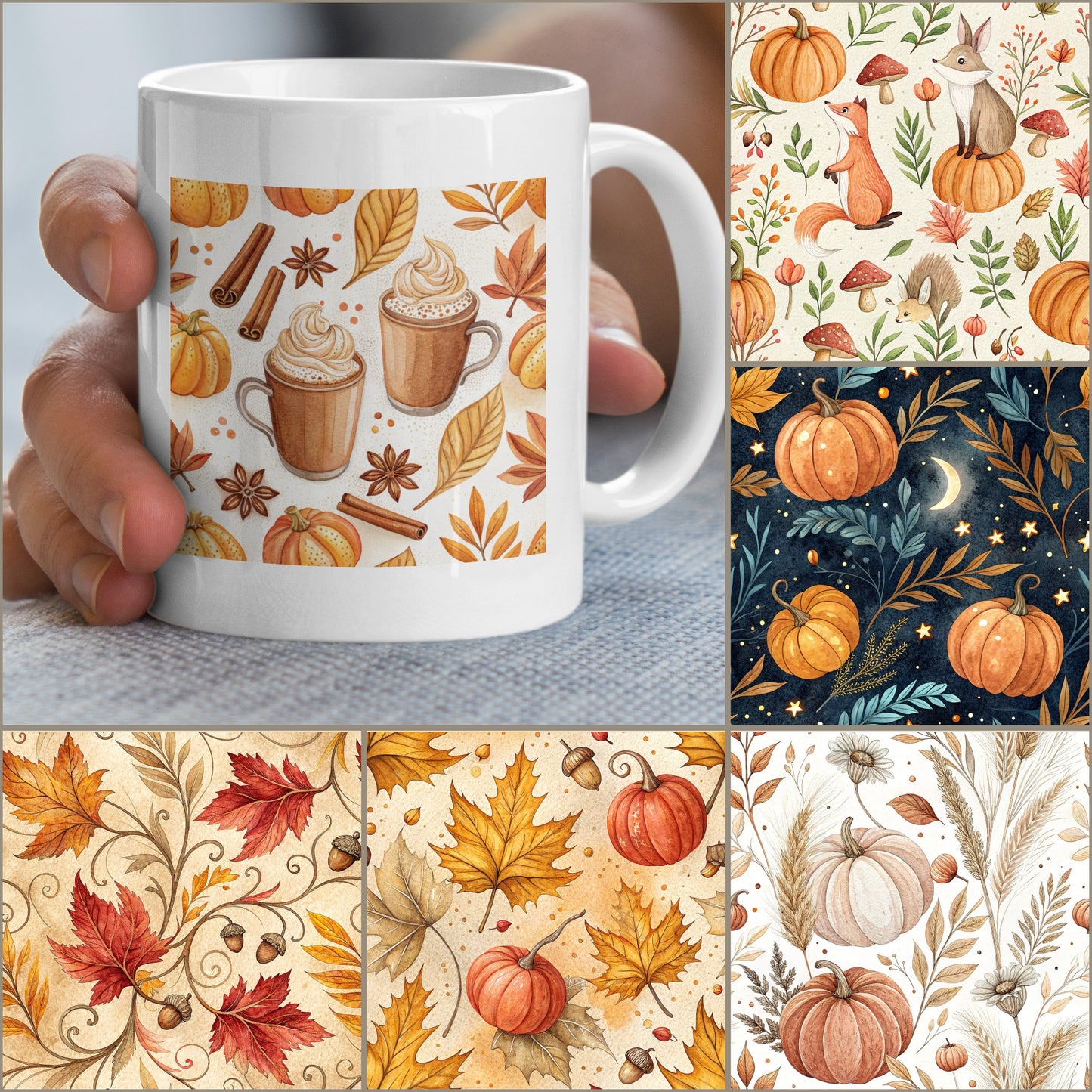 Autumn Themed Coffee Mug, Pumpkin Spice Latte Design, Fall Leaves and Harvest Illustrations