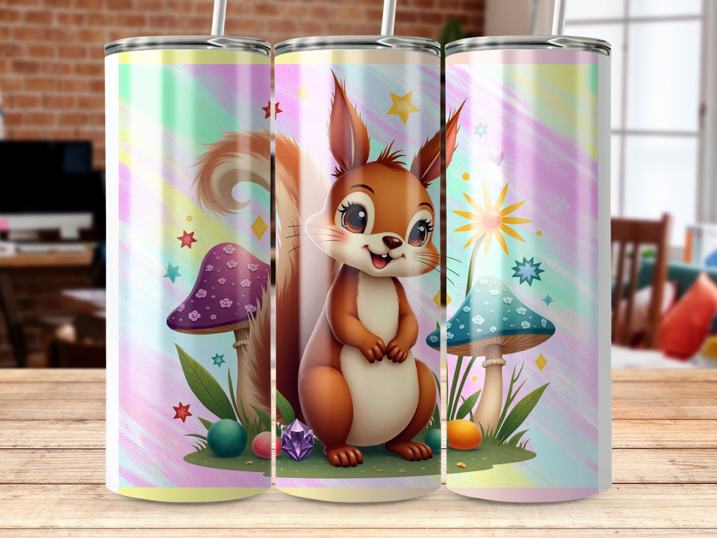 Kids Insulated Water Bottle, Cute Squirrel Design, Colorful Mushrooms, Reusable Drink Container, 20 oz, Stainless Steel, Leakproof