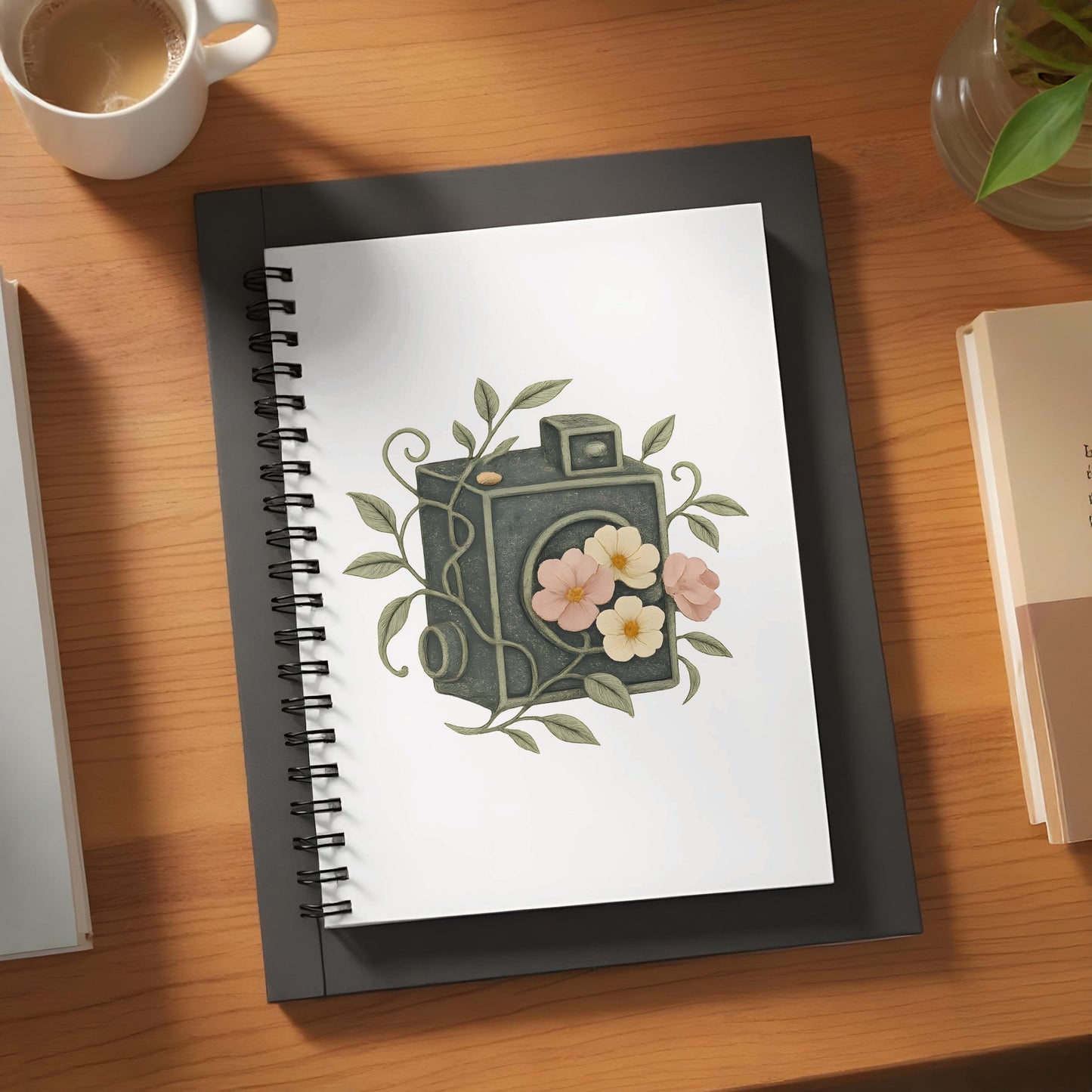 Vintage Camera Floral Notebook, Botanical Art Journal, Unique Photography Gift Idea