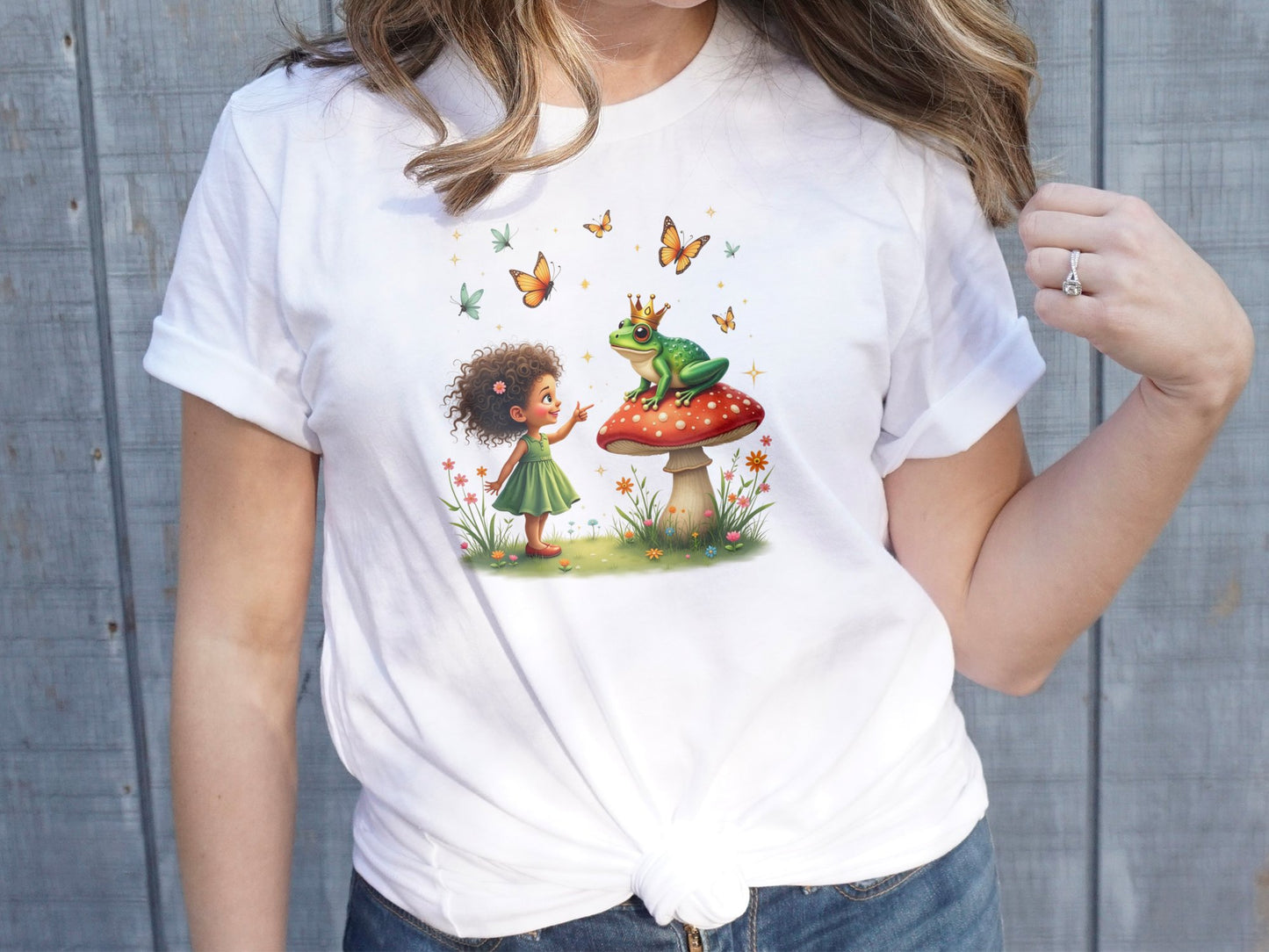 Whimsical Fairy Tale T-Shirt, Cute Girl and Frog on Mushroom, Nature Graphic Tee, Butterflies and Flowers, Artistic Kid's Fashion