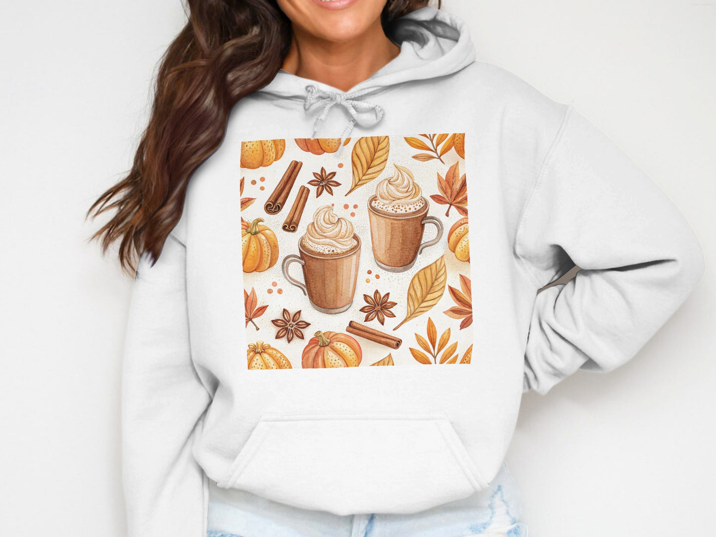 Autumn Pumpkin Spice Latte Hoodie, Fall Leaves Coffee Graphic Sweatshirt, Cozy Season Women's Fashion Pullover