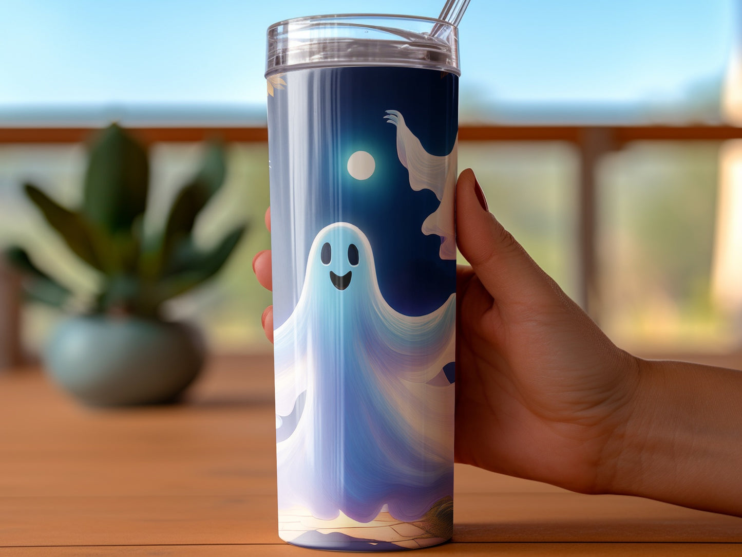 Spooky Ghost Design Tumbler, Insulated Travel Cup, Reusable Halloween Drinkware, Blue Night Sky with Moon, Unique Gift Idea