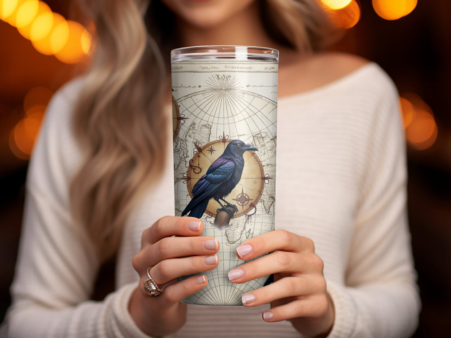 Vintage Map and Blue Jay Tumbler, Insulated Travel Cup, Unique Bird Art Gift, Nautical Theme Drinkware