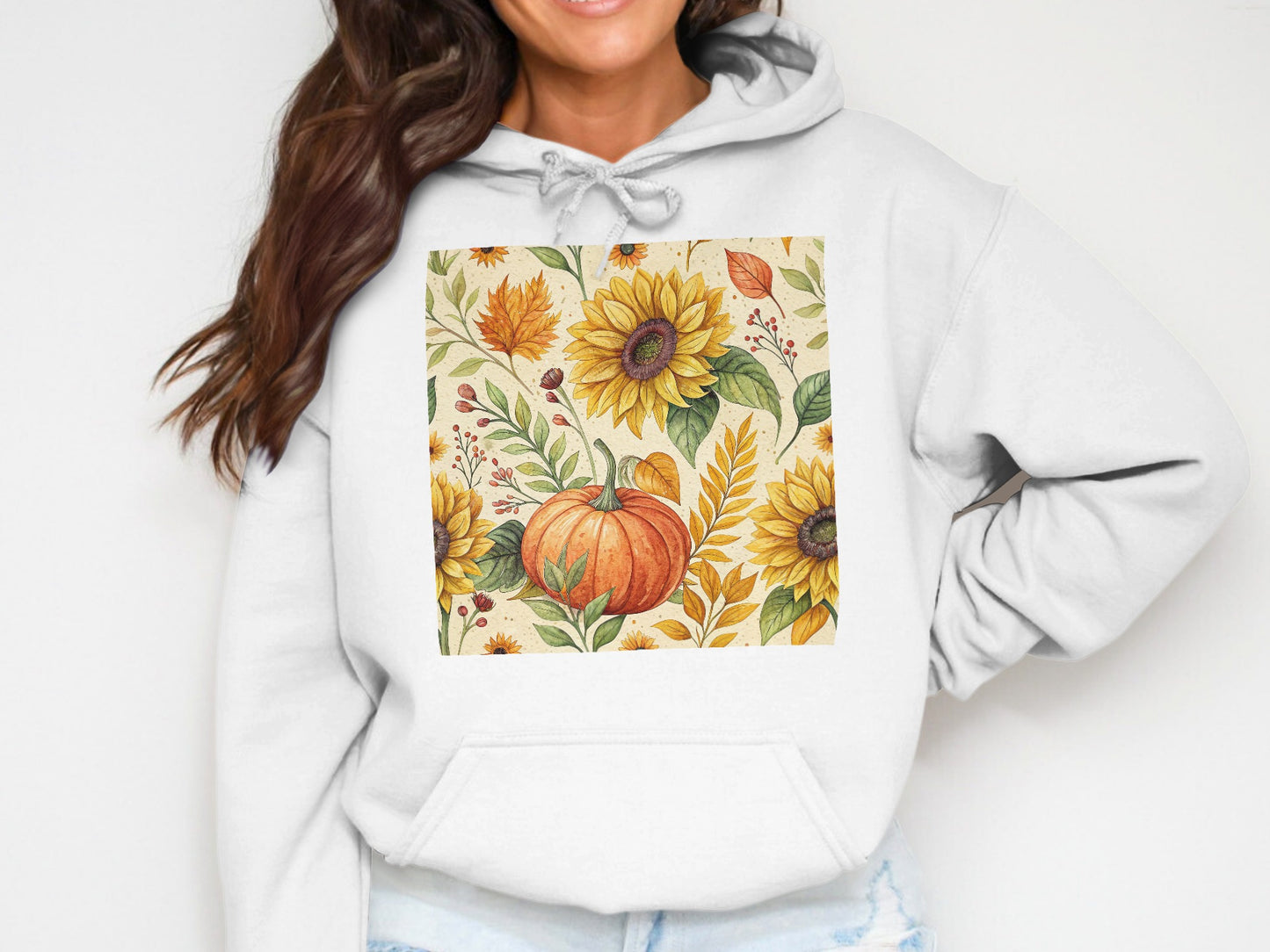 Autumn Floral Pumpkin Hoodie, Women's Fall Fashion Sweatshirt, Sunflower and Leaves Print Pullover