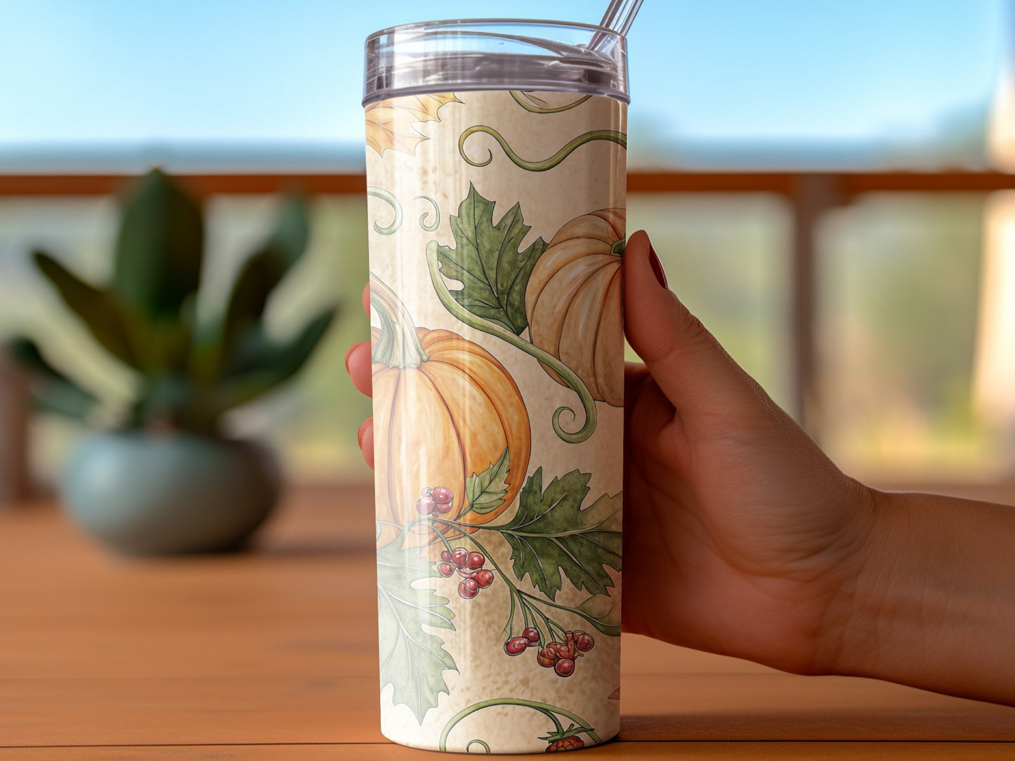 Autumn Pumpkin Tumbler, Fall Leaves and Berries Insulated Cup, Reusable Travel Drinkware, Seasonal Gift Idea