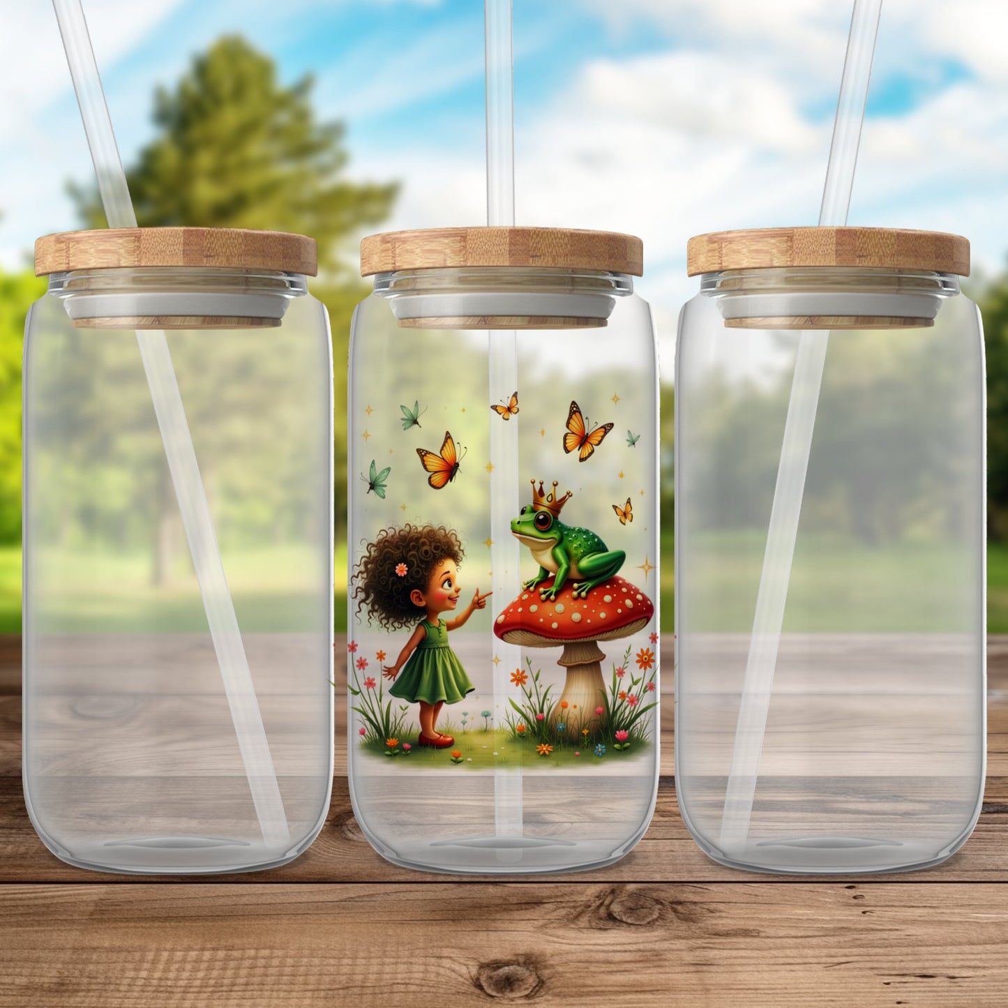 Kids Water Bottle, Glass Tumbler with Straw, Woodland Fairy Tale Design, Eco-Friendly, Reusable Drinkware, Gift for Children