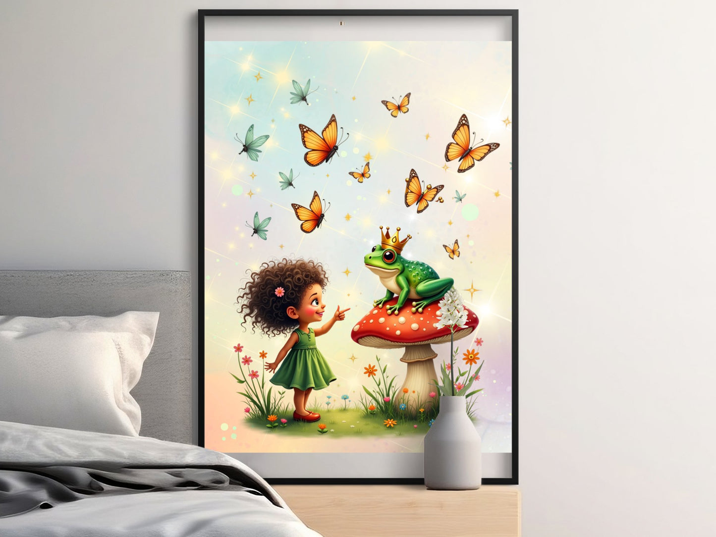 Whimsical Children's Room Decor, Framed Wall Art with Girl, Frog, Butterflies, and Mushrooms