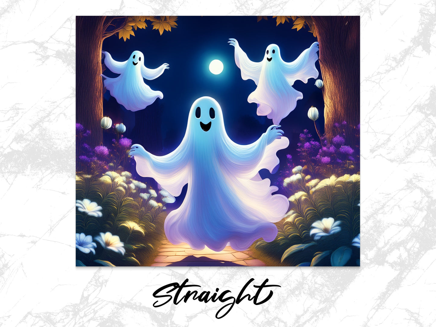 Whimsical Ghosts Art Print, Spooky Moonlit Night, Halloween Decor, Enchanted Forest Poster, Full Moon and Floral Background