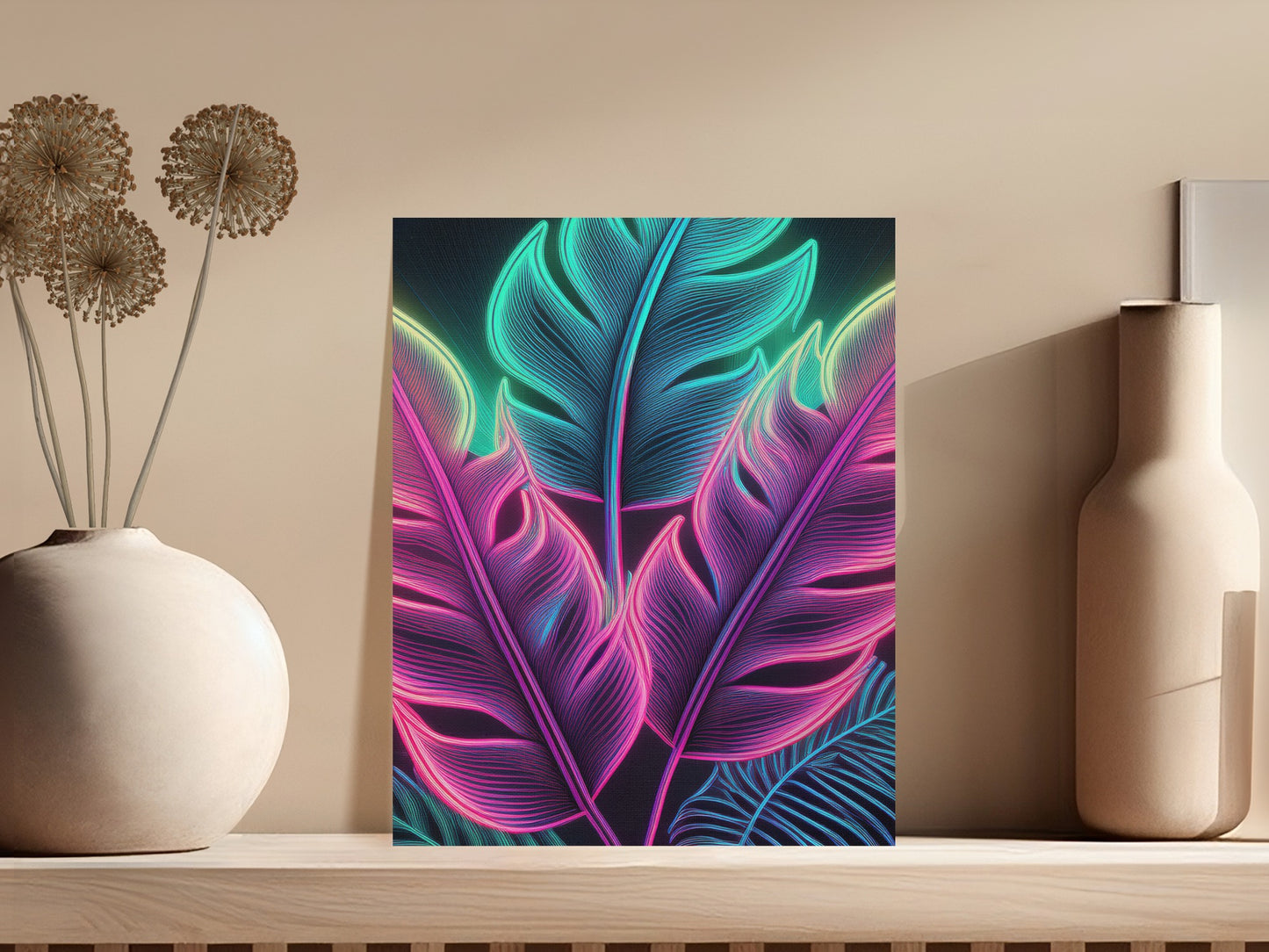 Vibrant Neon Leaf Canvas Print, Colorful Botanical Wall Art, Modern Home Decor, Abstract Nature Illustration, Living Room Accent