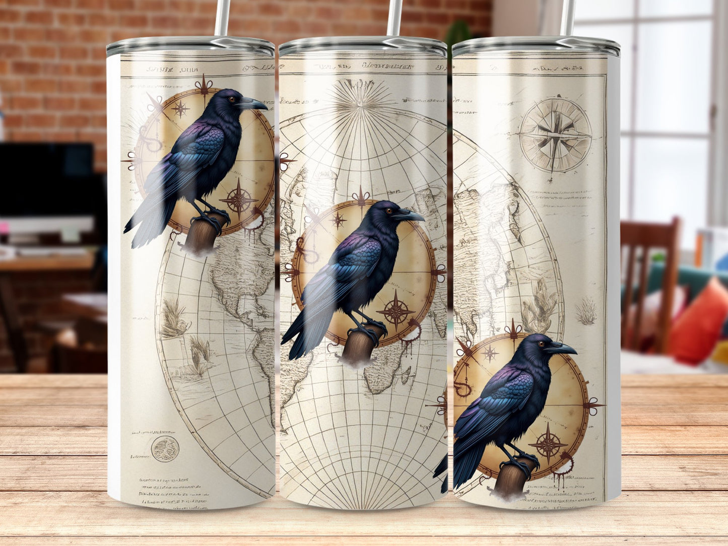 Vintage Map Raven Print Metal Tumblers - Nautical Compass Bird Illustration - Unique Drinkware Set for Home