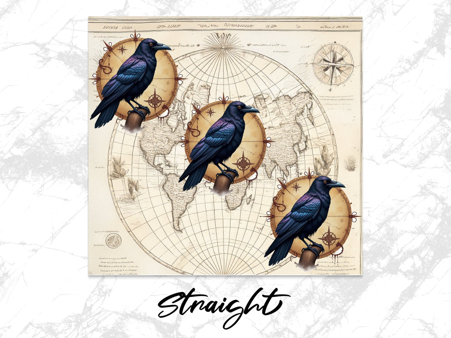 Vintage World Map Print with Blue Raven Illustration, Nautical Compass Art, Antique Style Map Poster, Wall Decor