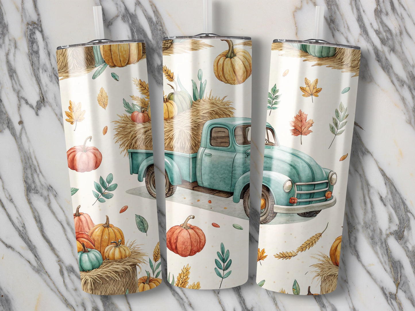 Autumn Harvest Kitchen Towels, Vintage Truck and Pumpkin Print, Fall Leaves Design, Set of 3